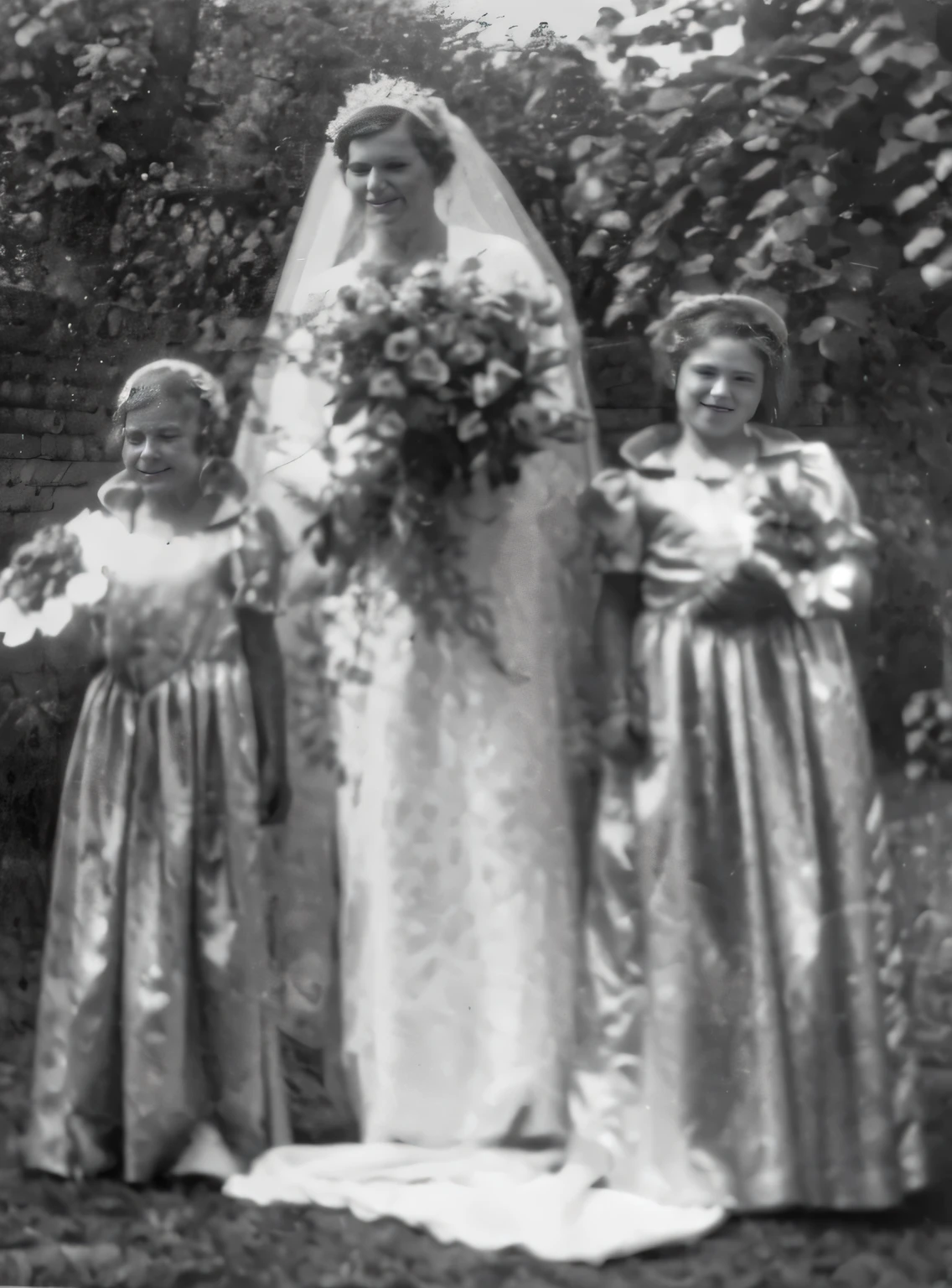 A black and white photograph of a bride and her bridesmaids., 1930s photograph, 1930, 1 9 3 0, 1939, 1 9 3 9, photography from the 50s, 1 9 5 0, 1950, 1 9 3 0 s, 1930s, 1940s