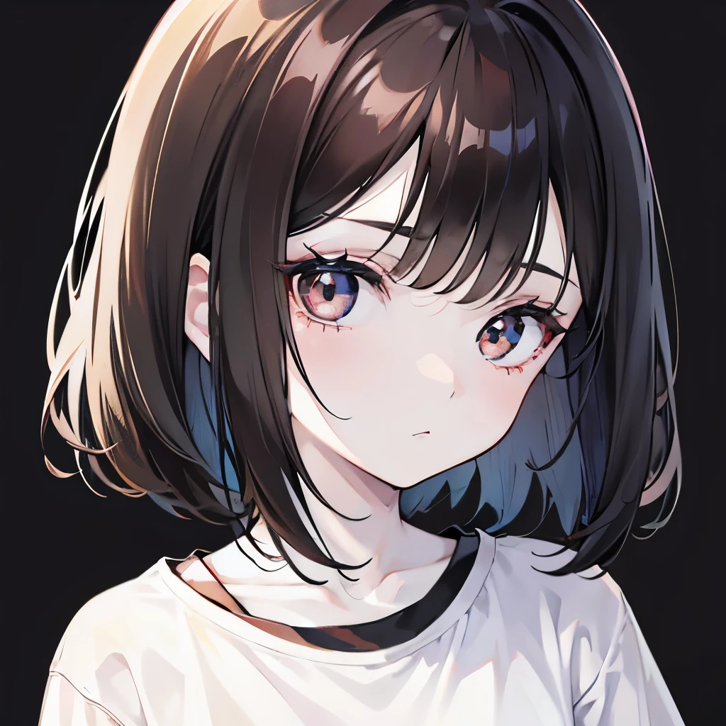 Girly girl, pale skin, childish, ???, baby girl, black hair, dark brown eyes, face close-up, wearing white t-shirt, porcelain skin, shy