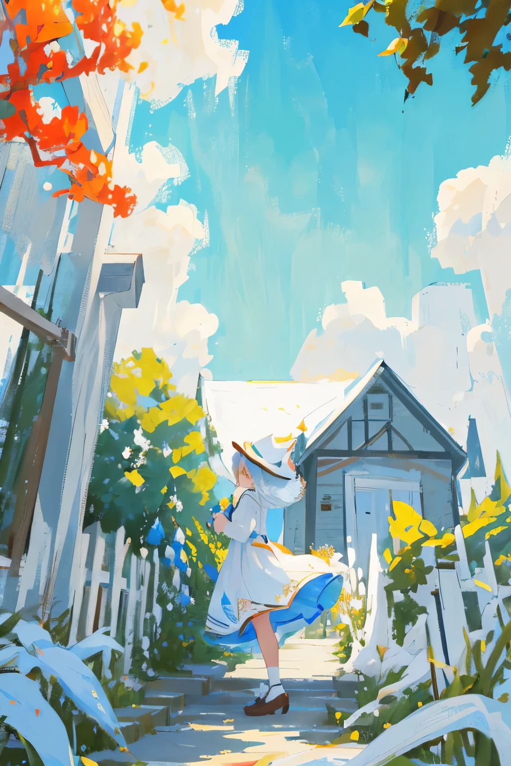 In the serene scene of a tranquil garden, a white-dressed girl with a charming white hat sits in an outdoor seating area, posing with a side profile view. Surrounding her is the picturesque beauty of white Persian cat, its curious bowed head peering curiously at the scenery. The vibrant and crisp white of their attire stands in contrast to the falling leaves and the slowly winding wind outside. The scene is further accentuated by the breathtaking expanse of a white, vibrant sky above.
Detailed Description:
This captivating scene is a portrayal of idyllic tranquility, where the white-dressed girl,