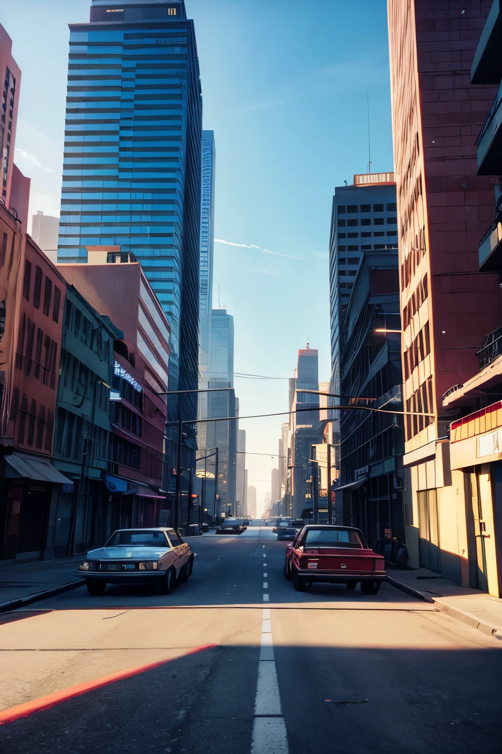 Grand Theft Auto trailer, Street with cars and buildings, , Large-scale environment, realistic but romantic, retrowave, photorealistic drawings