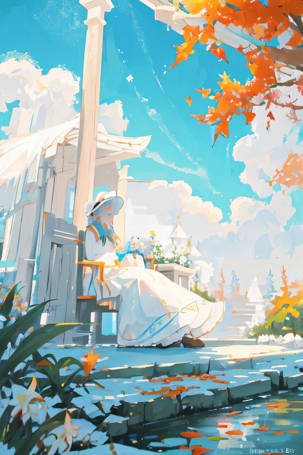 In the serene scene of a tranquil garden, a white-dressed girl with a charming white hat sits in an outdoor seating area, posing with a side profile view. Surrounding her is the picturesque beauty of white Persian cat, its curious bowed head peering curiously at the scenery. The vibrant and crisp white of their attire stands in contrast to the falling leaves and the slowly winding wind outside. The scene is further accentuated by the breathtaking expanse of a white, vibrant sky above.

Detailed Description:
This captivating scene is a portrayal of idyllic tranquility, where the white-dressed girl,