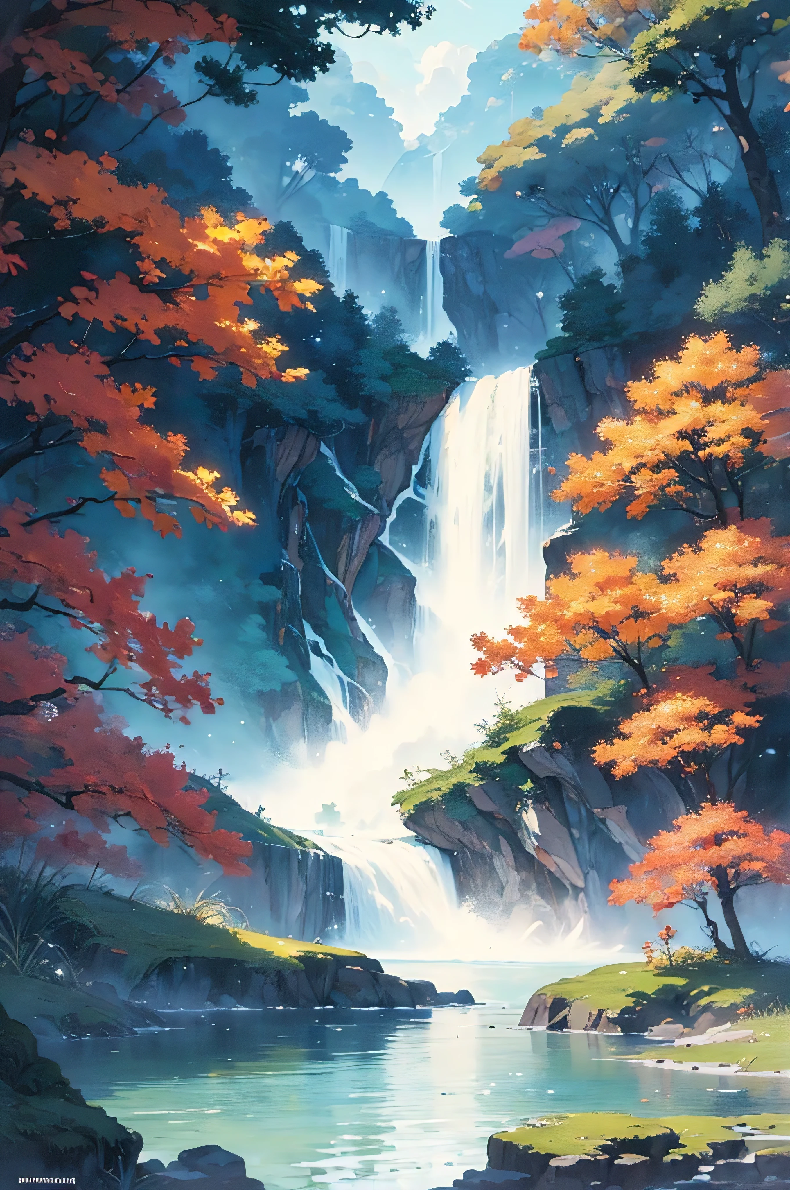 (by Ananta Mandal (and Andrew Biraj:0.5)), (in the style of nihonga), Style: Abstract, Medium: Digital illustration, Subject: An otherworldly landscape with floating islands, cascading waterfalls, and vibrant flora and fauna. Camera Angle: Overhead shot capturing the vastness and intricate details of the scene. The colors are saturated, and the lighting creates a warm and ethereal atmosphere. The painting is highly detailed, with every brushstroke capturing the complexity of the imaginary world., (high quality), (detailed), (masterpiece), (best quality), (highres), (extremely detailed), (8k)