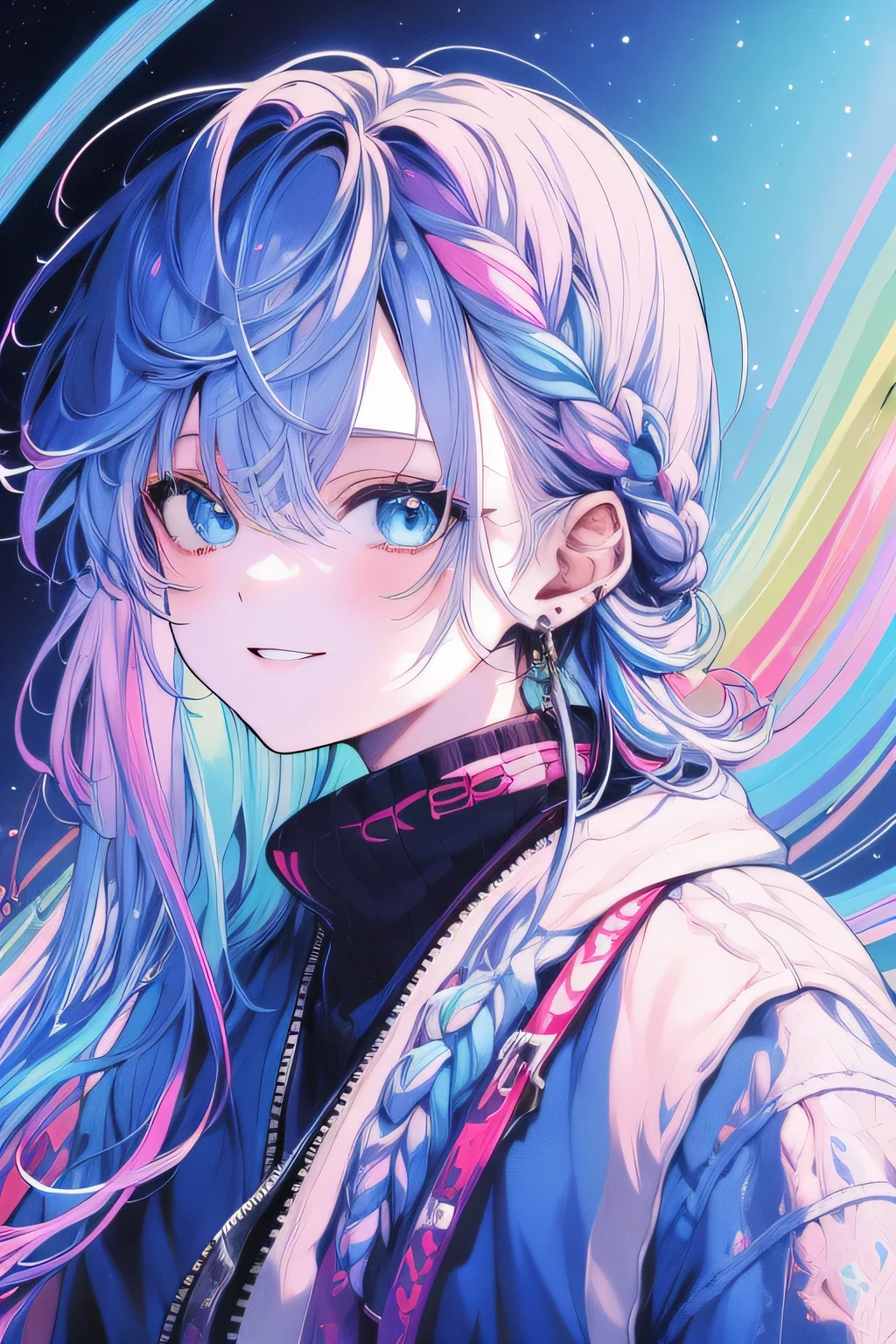 (highest quality, masterpiece:1.2),youth,rainbow colored hair,light blue eyes,alone,smile,Braid,Cyber shining space,