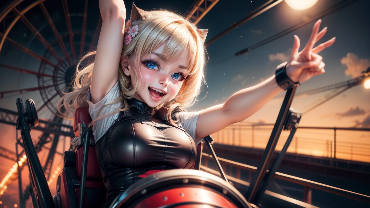 beautiful anime woman, riding a roller coaster. wide eyes, excited happy face, arms raised above head, fun, excitement, happy riders, nighttime, lots of colored lights, realism.