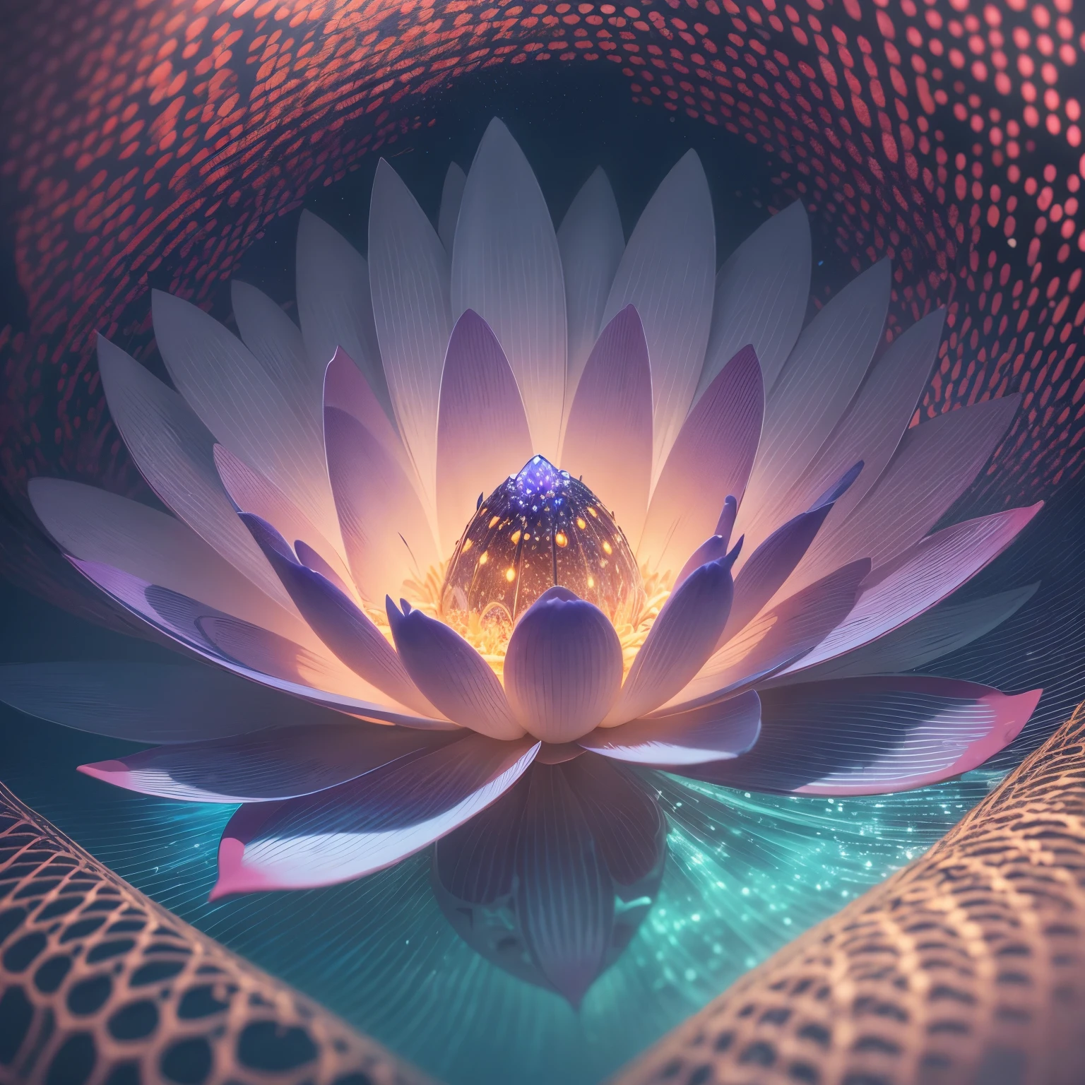 "Fleur de lotus, super transparent, holy light, beautiful spectrum light, Brillant petals, sparkling, transparent light droplets, reflected light, Brillant, light flowing in, Optique, portrait, silhouette, Sharpness, magique, complexe, hyper realistic, fantaisie, composition, light, Station artistique tendance, perle, Saint patron Nuage de vapeur d’argent, famille érodée de rayons environnants, 8K, real air 23v4 uplight" inside a cristal apple, detailled