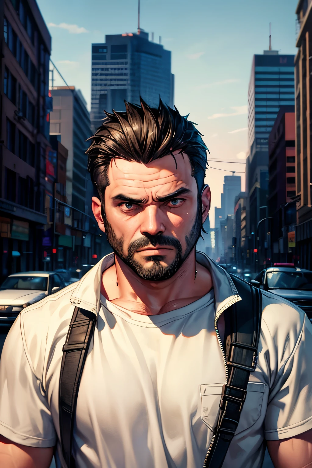 Grand Theft Auto trailer, Man Holding an open MacBook, Face with realistic details, with short beard and stylish hair, front view, Large-scale environment, in the style of narrative compositions, realistic but romantic, retrowave, photorealistic drawings