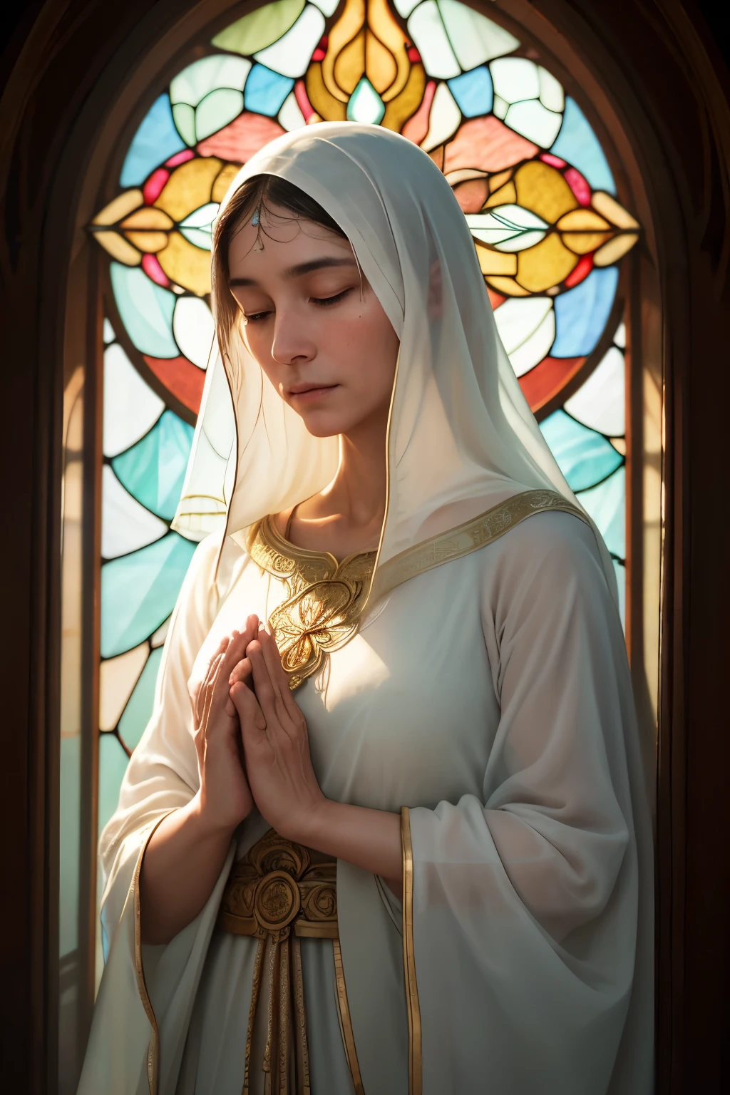 A profound and spiritual Close-up portrait, magnifying the deeply introspective features of elder sages, their furrowed brows and soft, prayerful eyes, veiled in an ethereal halo of resplendent faith. The scene is bathed in a gentle, otherworldly glow, with beams of celestial light delicately filtering through the translucent layers of an antique, sun-kissed stained glass window. The atmosphere is serene, imbued with a profound sense of longing and quiet anticipation for divine intervention. The image, richly textured and painted in the highest resolution, radiates a sense of tranquil reverence and otherworldly harmony