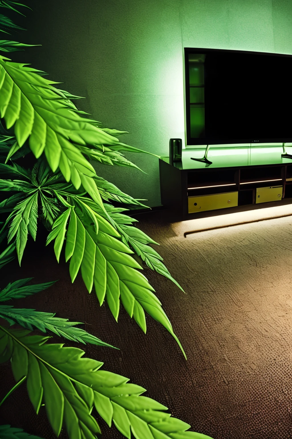 A marijuana leaf floating in the air, surrounded by the soft glow of a television show, creating an ambient and intriguing scene. The leaf, with its vibrant green hues, stands out against the backdrop of the television screen, emitting a faint, delicate glow that adds to the surreal atmosphere. The colors and contrasts of the scene are rich and vibrant, highlighting the intricate details of the marijuana leaf and the intriguing imagery depicted on the television show. The scene is filled with a sense of tranquility and fascination, inviting the viewer to explore deeper into this captivating and imaginative world. (masterpiece:1.5, best quality), (highly detailed