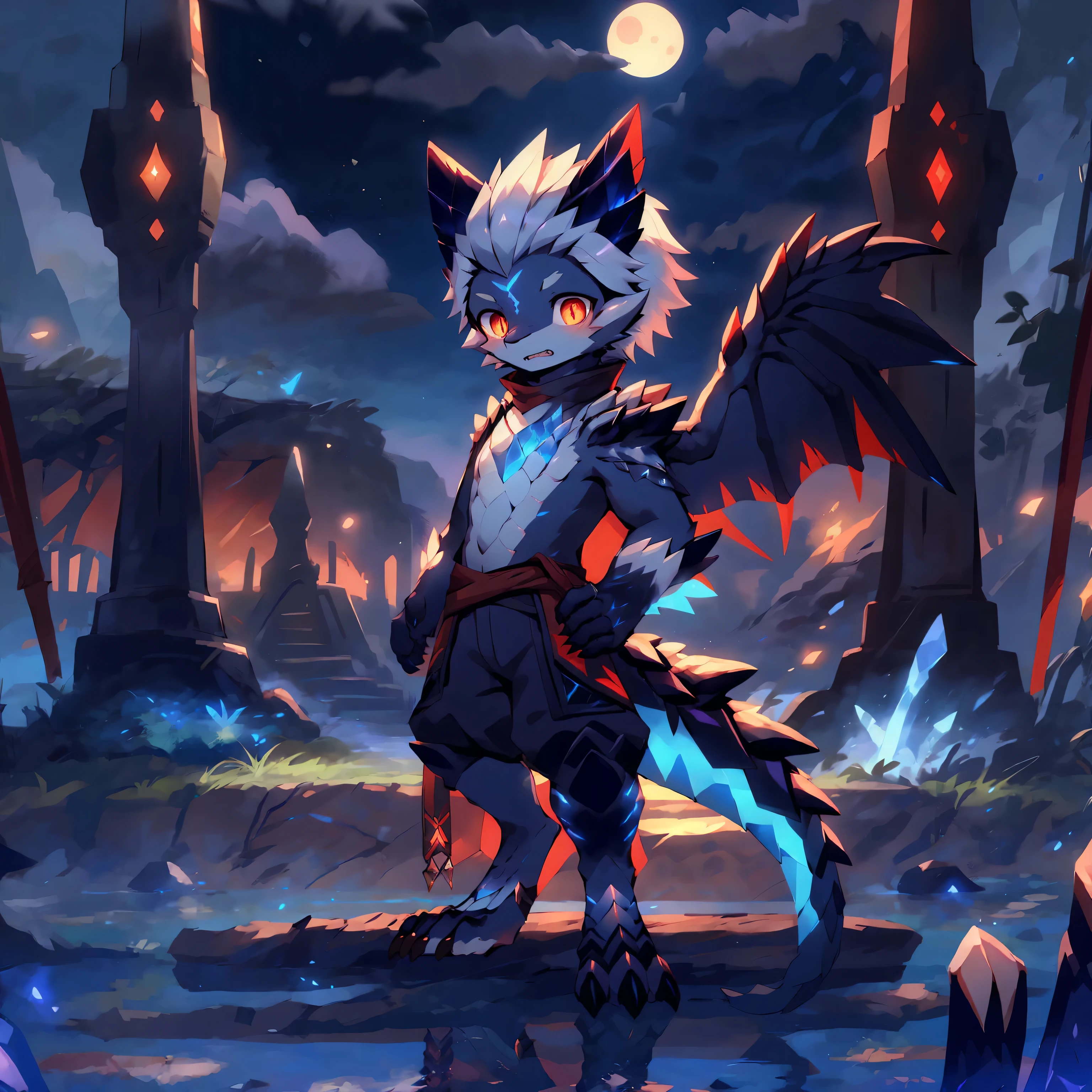 luna boy, Shota, monster hunter, bite, Transformation中期, Transformation, stamp, moon, Dragon and wolf hybrid,ice cold, digital level, silver hair, red vertical pupils, standing posture, ultra high definition, masterpiece, precise, anatomically correct, high detail, best quality, 8k, high resolution, soft lines