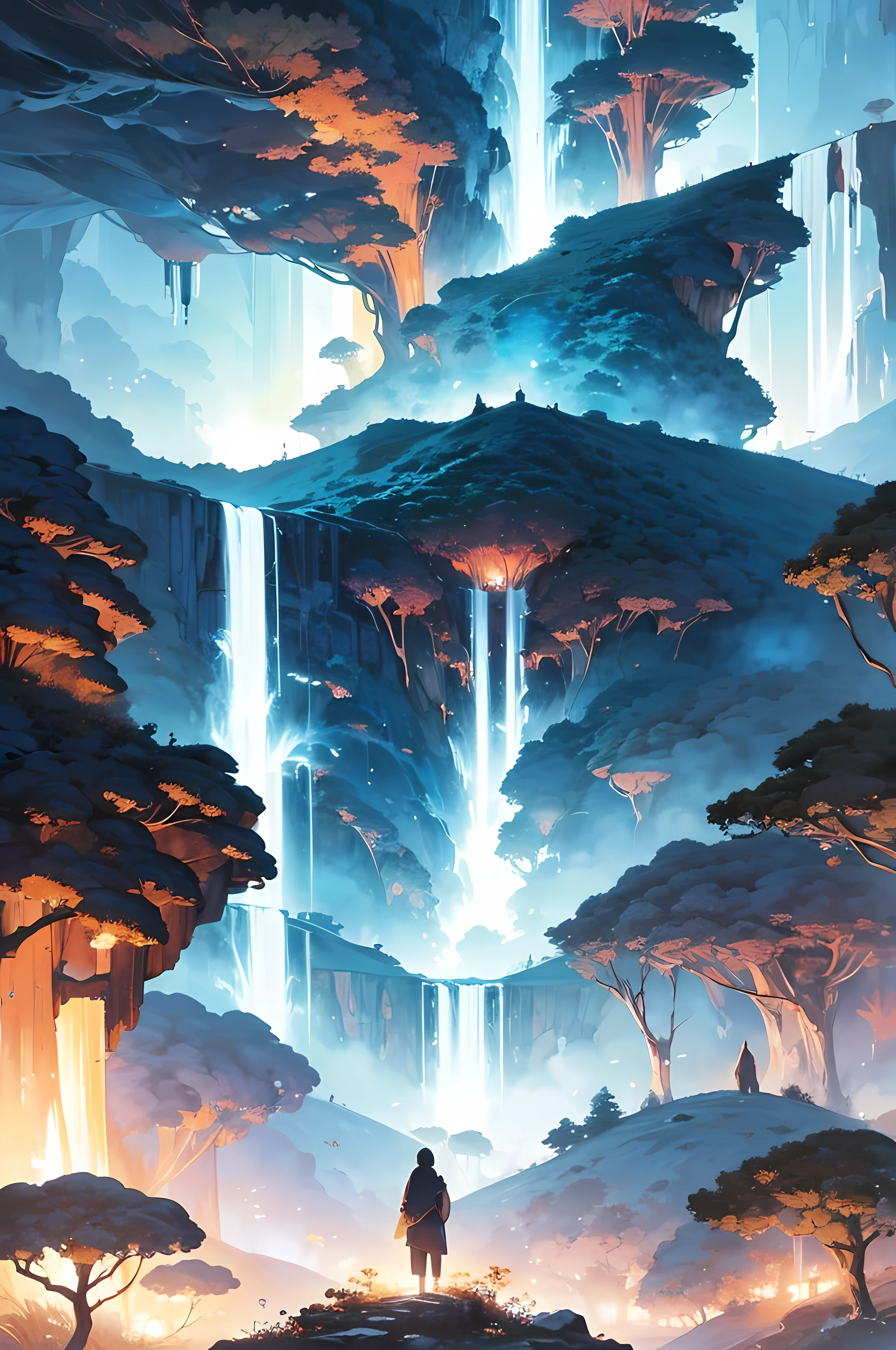 (by Ananta Mandal (and Andrew Biraj:0.5)), (in the style of nihonga), Style: Abstract, Medium: Digital illustration, Subject: An otherworldly landscape with floating islands, cascading waterfalls, and vibrant flora and fauna. Camera Angle: Overhead shot capturing the vastness and intricate details of the scene. The colors are saturated, and the lighting creates a warm and ethereal atmosphere. The painting is highly detailed, with every brushstroke capturing the complexity of the imaginary world., (high quality), (detailed), (masterpiece), (best quality), (highres), (extremely detailed), (32k ultra hd