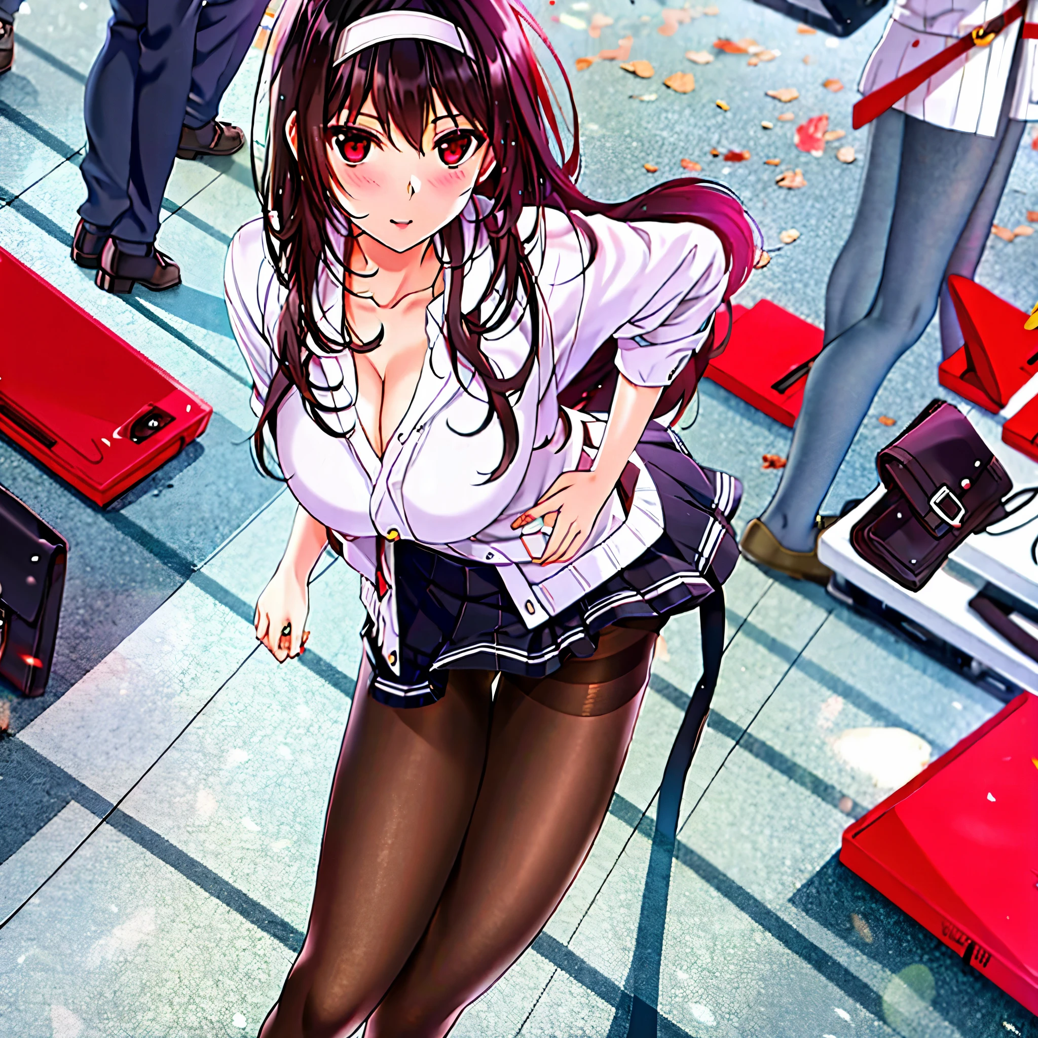 (best quality:1.2), 1 girl, alone, white ribbon, black hair, red eyes, pantyhose,