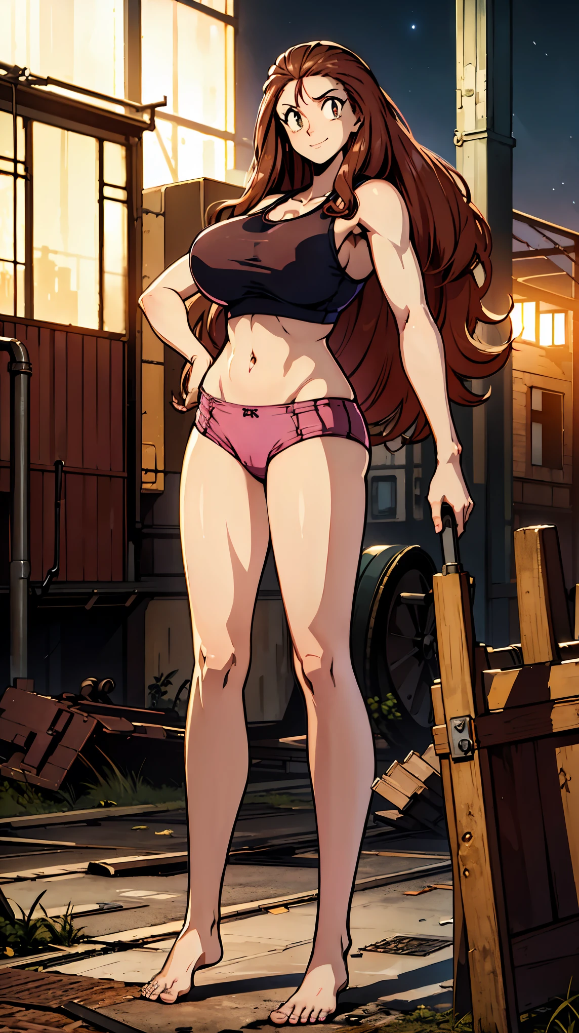 ((Masterpiece)), ((best quality)), very detailed, Detailed background, 1 woman, wavy brown hair, conjunctivitis, sly face , smile , tank top, pink panties , abdomen, big breasts , Long legs , stand on your hips... , Barefoot , abandoned factory, at night