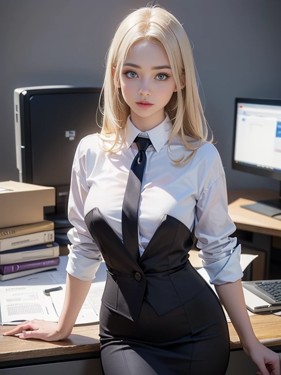 (best quality, 8k, highres, photorealistic:2.0), (solo, one girl:2.0),(lighting: front),(lighting: strong),(ultimate beautiful girl:2.0),(shiny skin),(oily skin),(platinum blonde hair:1.5),Blush brown makeup , dark eye makeup , use pink glossy lipstick,(big eyes girl:1.5),(woman with slender figure),(Photographed in the sophisticated office of an information technology company:1.8),(elite business woman:1.8),(girl amazing sex appeal:1.5),(ultimate eleance),(ultimate erotic),(Career woman who can work very well),(I'm so absorbed in work that I don't have a boyfriend),(woman not interested in love),(I'm not interested in fashion),(I wear accessories that do not interfere with my work.),(she has no love experience at all),(she feels alone),(She is not good at talking to men),(she is shy and silent),(I don't want to stand out and I'm concerned about people's attention)