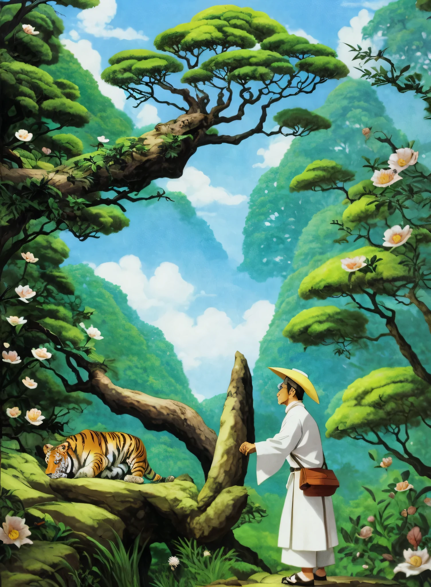 painting of a man in a white robe standing in a forest with a tiger, miyazaki's animated film, in style of hayao miyazaki, inspired by Tim Hildebrandt, inspired by the Brothers Hildebrandt, a wizard battling a tiger, inspired by Miyazaki, inspired by Brothers Hildebrandt, inspired by Kanō Sansetsu