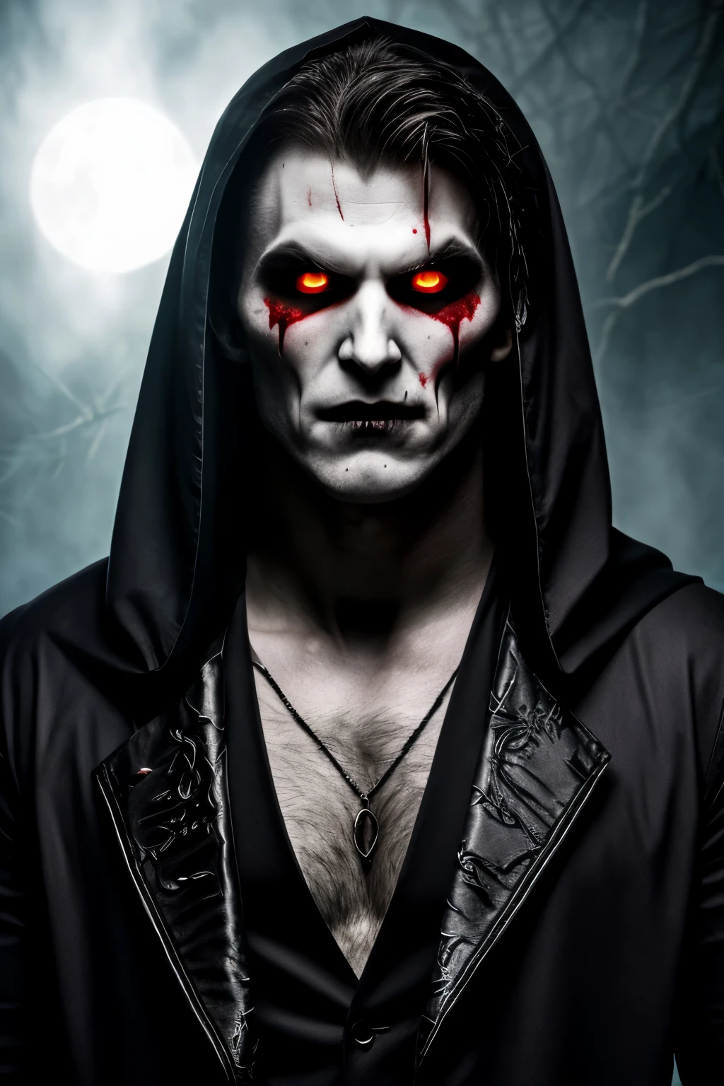 A man, the attractive face, small eyes, torn up, The pupil of one eye is dark red and the other is white.