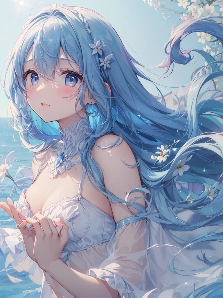 masterpiece, best quality, extremely detailed, (illustration, official art:1.1), 1 girl ,(((( light blue long hair)))), light blue hair, ,, long hair ((blush)) , cute face, big eyes, masterpiece, best quality,(((((a very delicate and beautiful girl))))),Amazing,beautiful detailed eyes,blunt bangs((((little delicate girl)))),tareme(true beautiful:1.2), sense of depth,dynamic angle,affectionate smile, (true beautiful:1.2),,(tiny 1girl model:1.2),(flat chest)), Soft Focus , (Bright gradient watercolor :1.5, Lens Flare:1.5 , Glitter :1.5), Glow , Dreamy Grid illusion, Colorful, girl、((extremely detailed eye:1.5)),ace Zoom:1.5,,(((masterpiece、top-quality、top-quality、watercolor paiting)))(Curly)、Official art、Beautifully Aesthetic:1.2)、,(Fractal Art:1.3)、The upper part of the body、colourfull、((Ultra-detailed retina:1.5))、embarrassed from、(Midriff)、((Super Detail Eyes:1.5))、(rainbow-colored hair、colourful hair、Half blue and half light blue hair:1.5)、((the Extremely Detailed CG Unity 8K Wallpapers、masterpiece、top-quality))、((ultra-detailliert:1.2))、(The best lighting、Best Shadows、extremely delicate and beautiful)、(the Extremely Detailed CG Unity 8K Wallpapers、masterpiece、best qualtiy、ultra-detailliert)、(The best lighting、Best Shadows、extremely delicate and beautiful)、(the perfect body:1.5)、Best Quality, (Illustration:1.2), (Ultra-detailed), hyperdetails, (delicate detailed), (Intricate details), (Cinematic Light, best quality backlight), Perfect body, (Best Illumination, extremely delicate and beautiful), Cinematic Light、【emblem:Irridescent color 】、art by Cornflower, dready (A girl with beautiful detailed eyes. The depth of field in the photo is perfect and the lens flare adds a nice touch. The fine details on her face really stand out, score because of this photo Definitely greater than 10. In the background, there is a beautiful ocean with clear water and water droplets on the surface