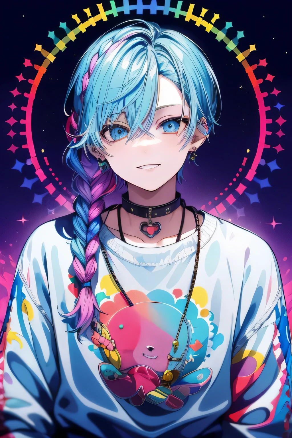 (highest quality, masterpiece:1.2),youth,rainbow colored hair,light blue eyes,alone,smile,Braid,Cyber shining space,