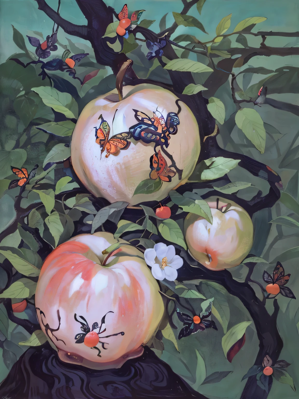 there are three apples that are on a tree with leaves, inspired by Maria Sibylla Merian, apple tree, background of poison apples, inspired by Henri Rousseau, inspired by Alison Kinnaird, inspired by Balthasar van der Ast, inspired by Charles E. Burchfield, inspired by Hieronymus Bosch, by Alison Kinnaird