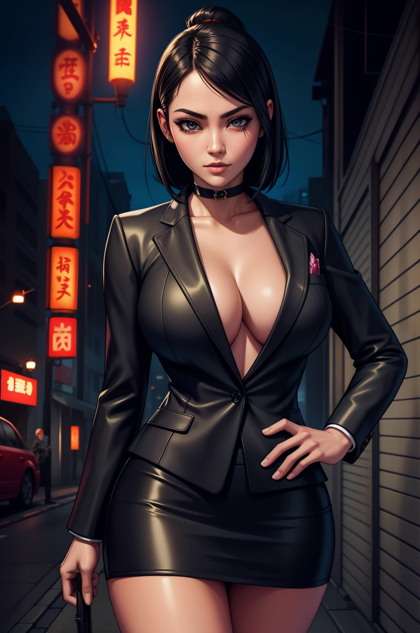 japanese yakuza mobster girl with a dark gray suit, miniskirt, pencil skirt, facial scar, stylish, hdr, intricate details, hyperdetailed, cinematic, rim light, danger atmosphere, noir, night, cyberpunk lighting, tokyo street,