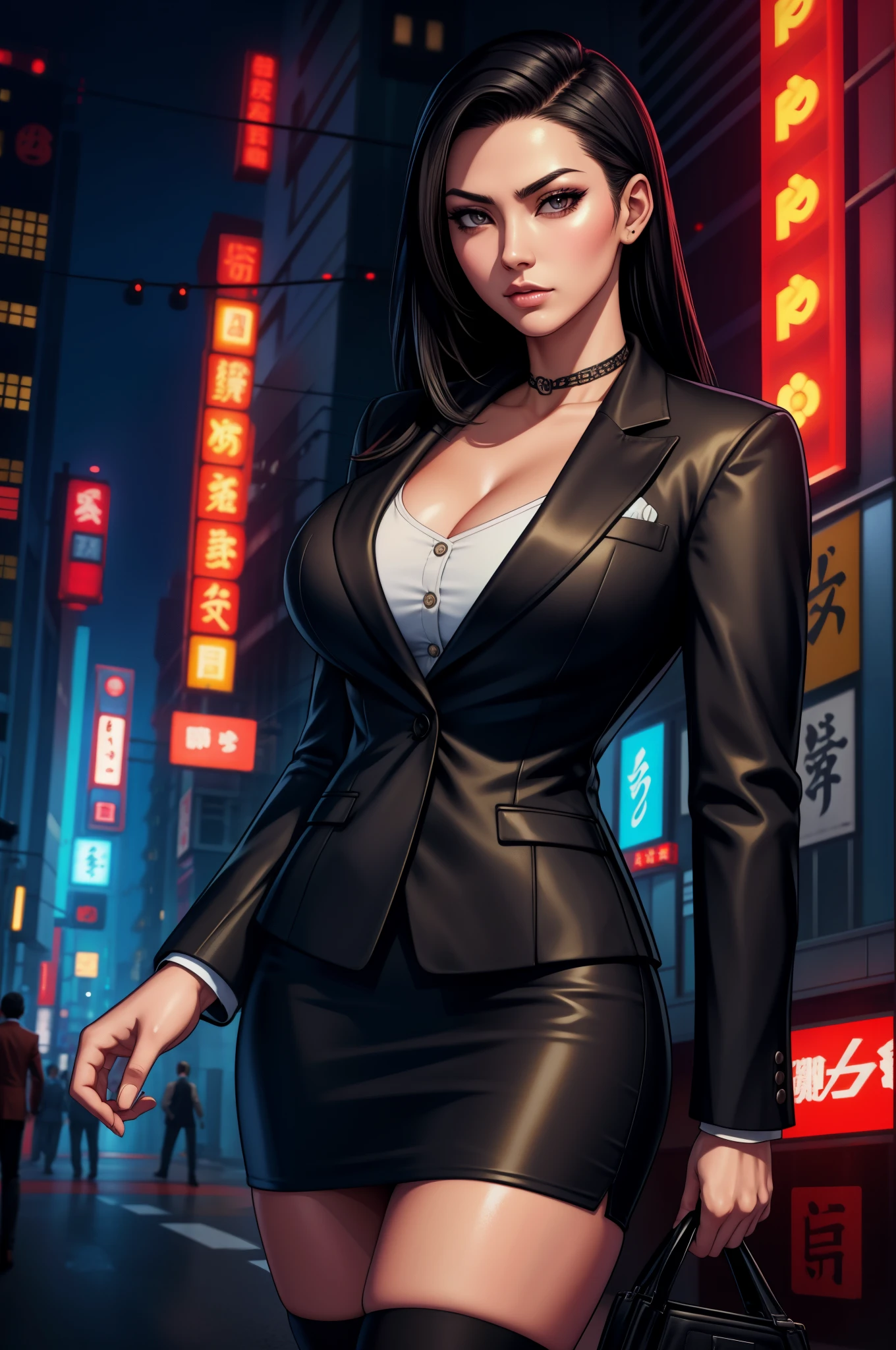 japanese yakuza mobster girl with a dark gray suit, miniskirt, pencil skirt, facial scar, stylish, hdr, intricate details, hyperdetailed, cinematic, rim light, danger atmosphere, noir, night, cyberpunk lighting, tokyo street,