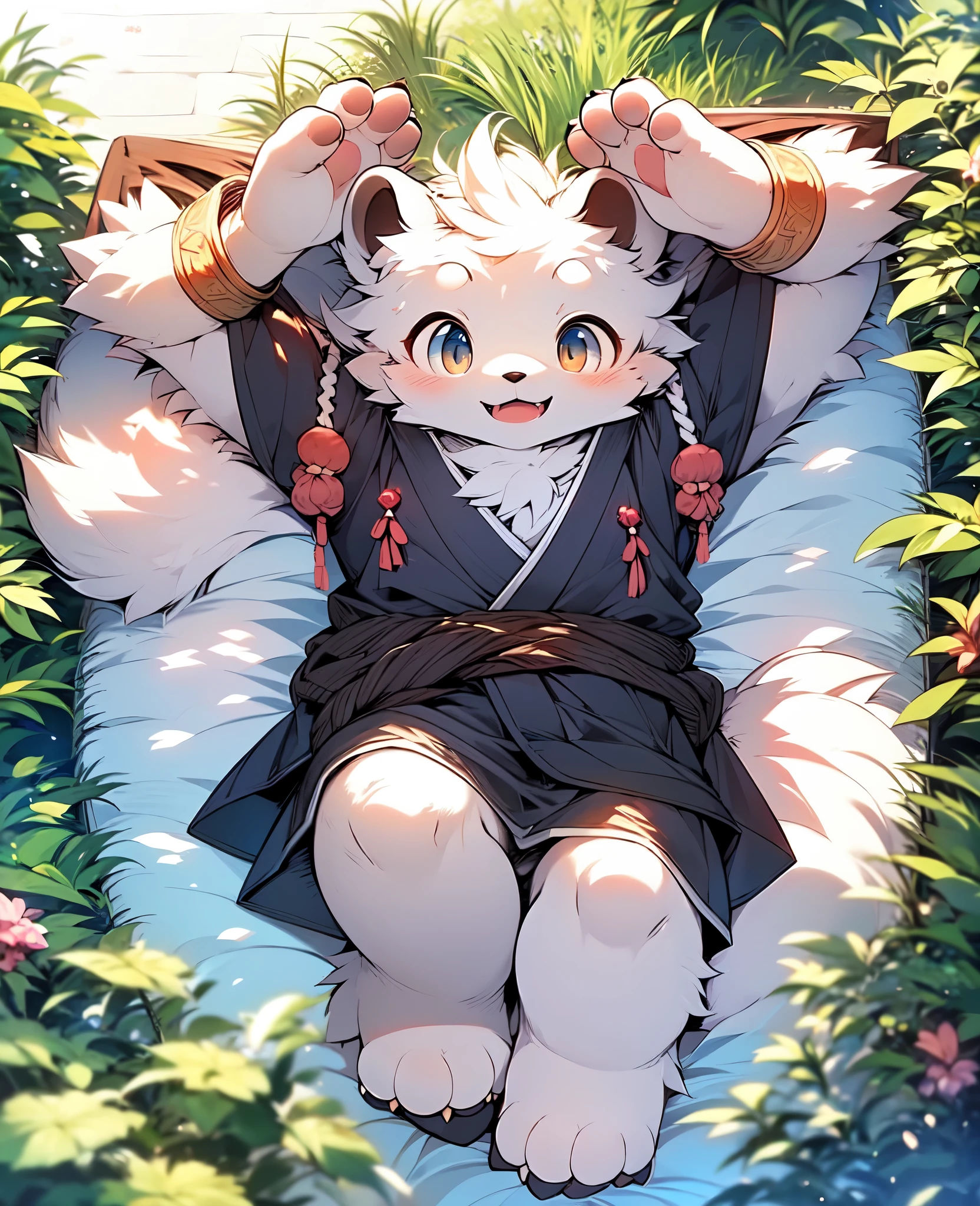 male white bear,cute,lying on the grass,Put your hands up on the grass,Make a surrender gesture,Japanese manga style