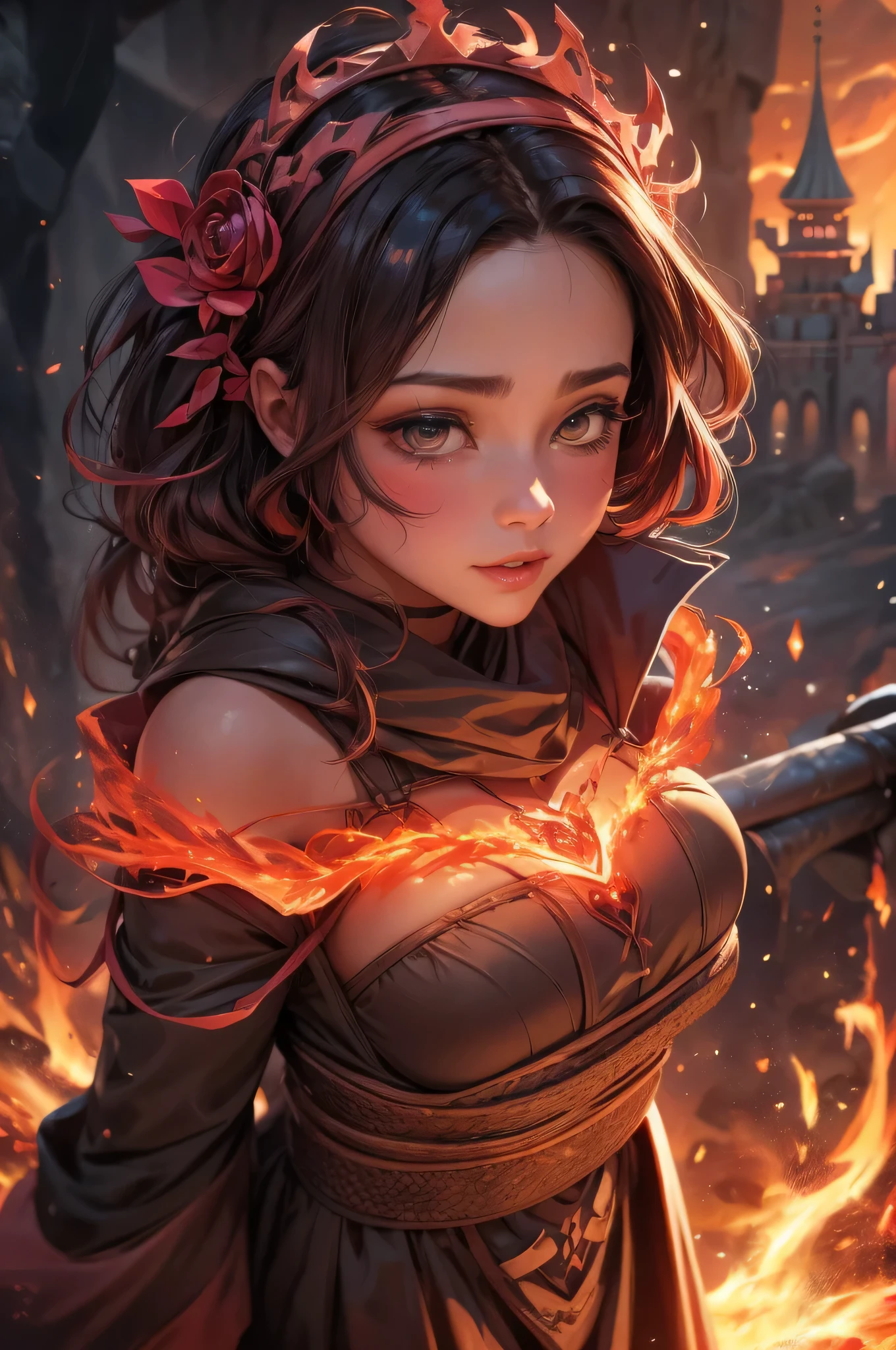 Volcanic Dimension Forge: "At the heart of a dimension where volcanoes power the very fabric of reality, a princess, her cheeks flushed with the thrill of creation, crafts a castle from living magma. Her attire, shimmering with the hues of fire and lava, changes as she commands the volcanic forces with an ancient, rune-etched hammer."
