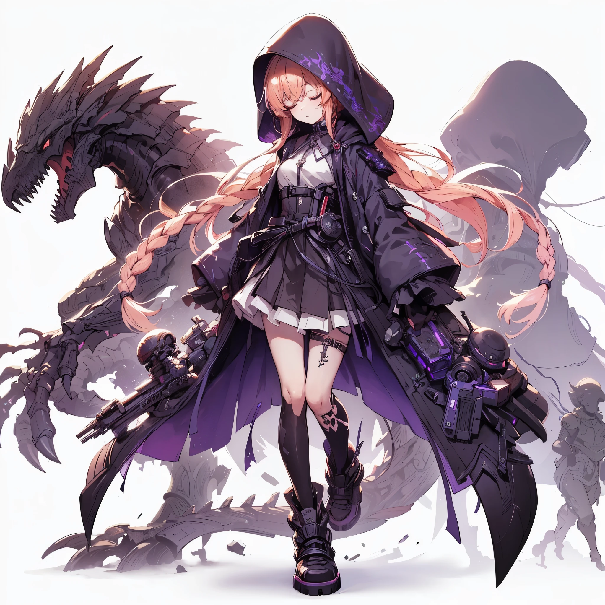 (Masterpiece, top quality), (perfect athlete body: 1.2), (detailed hair), super detailed, anime style, full body, solo, Cyberpunk shadow maiden elf girl, light peach hair in a single braid, closed eyes, wearing nun’s habit, dark purple cyberpunk outfit, shaped by bones and shadows dinosaur as servants, sleepy standing, wearing hi-tech boots, standing wasteland, white background, full body, supernatural flame and Lightning,