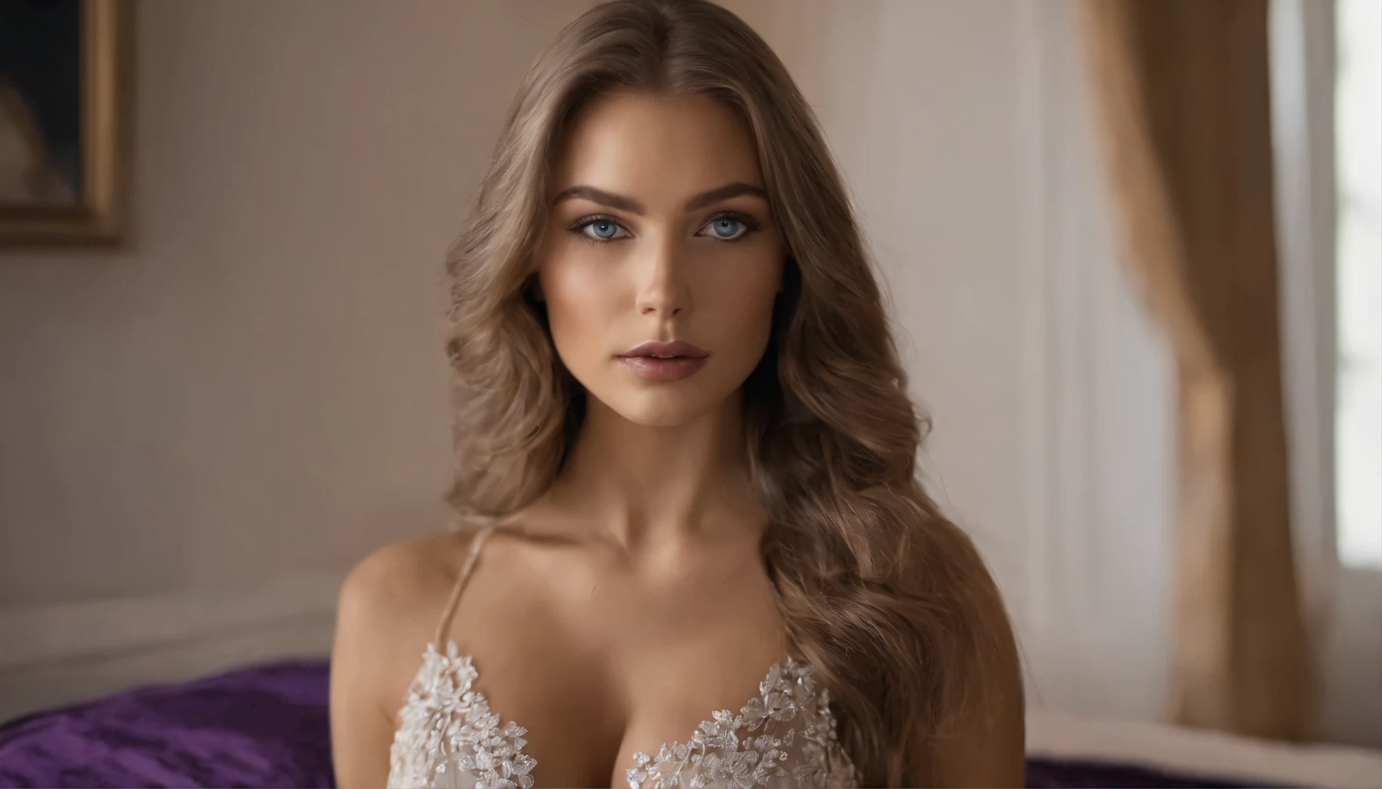 Arafed woman completely , fille sexy aux yeux bleus, ultra realist, Meticulously detailed, Portrait Sophie Mudd, cheveux blonds et grands yeux, selfie of a young woman, Yeux de chambre, Violet Myers, sans maquillage, maquillage naturel, looking straight at camera, Visage avec Artgram, Maquillage subtil, Superbe photo du corps entier,Medium to large bust, kneeling on the bed