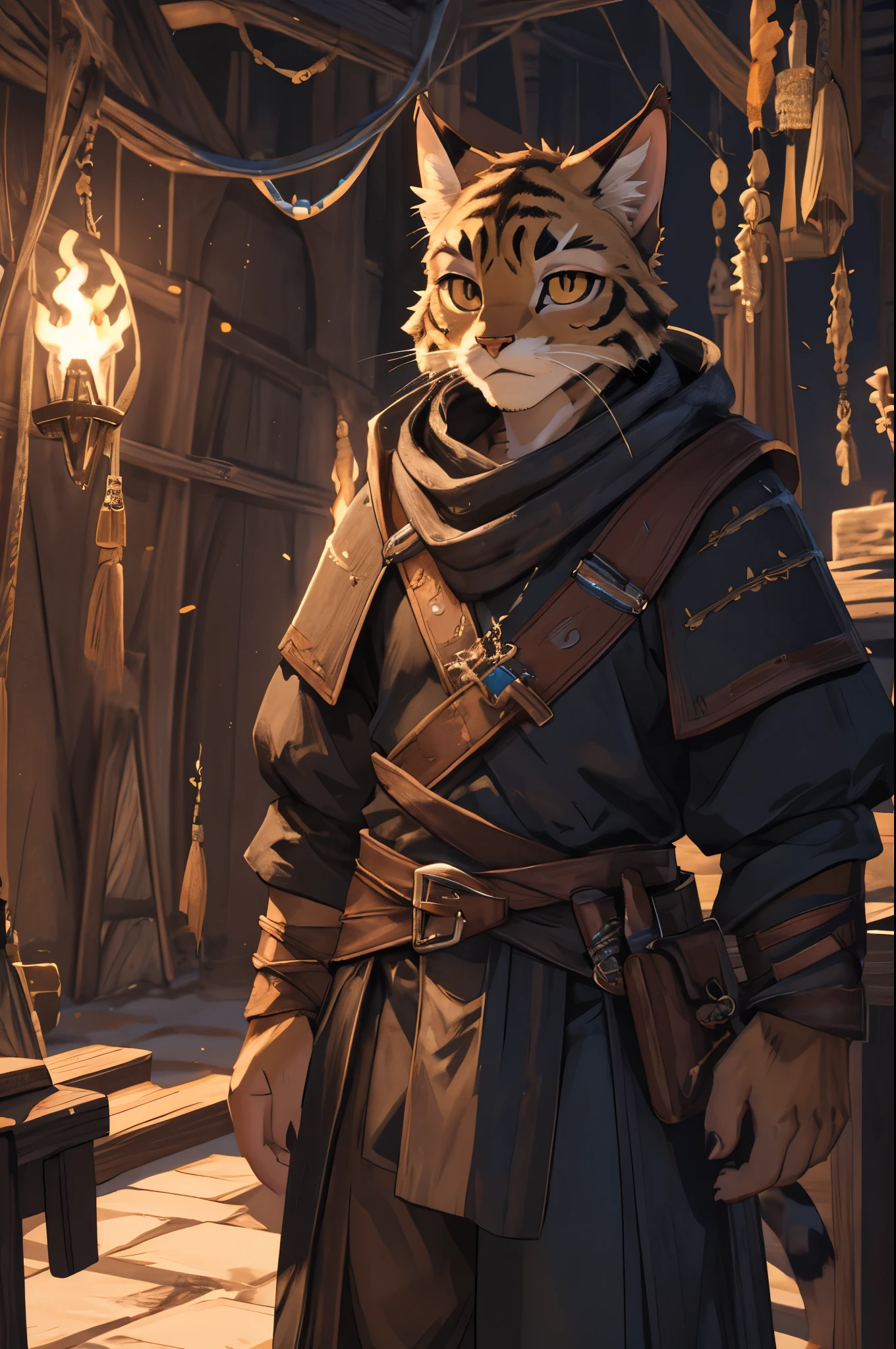 (8k, RAW photo, best quality, masterpiece), (1girl, young tiny girl:1.5), a detailed character portrait, clearly worked out detail, (Tabaxi, khajiit), (rogue, thief, bandit), fantasy hobo ripped clothes, rpg, dnd, lithe, intricate, cinematic, natural lighting, anime, MAPPA style, raytracing, detailed face, high resolution, (ultra detailed)