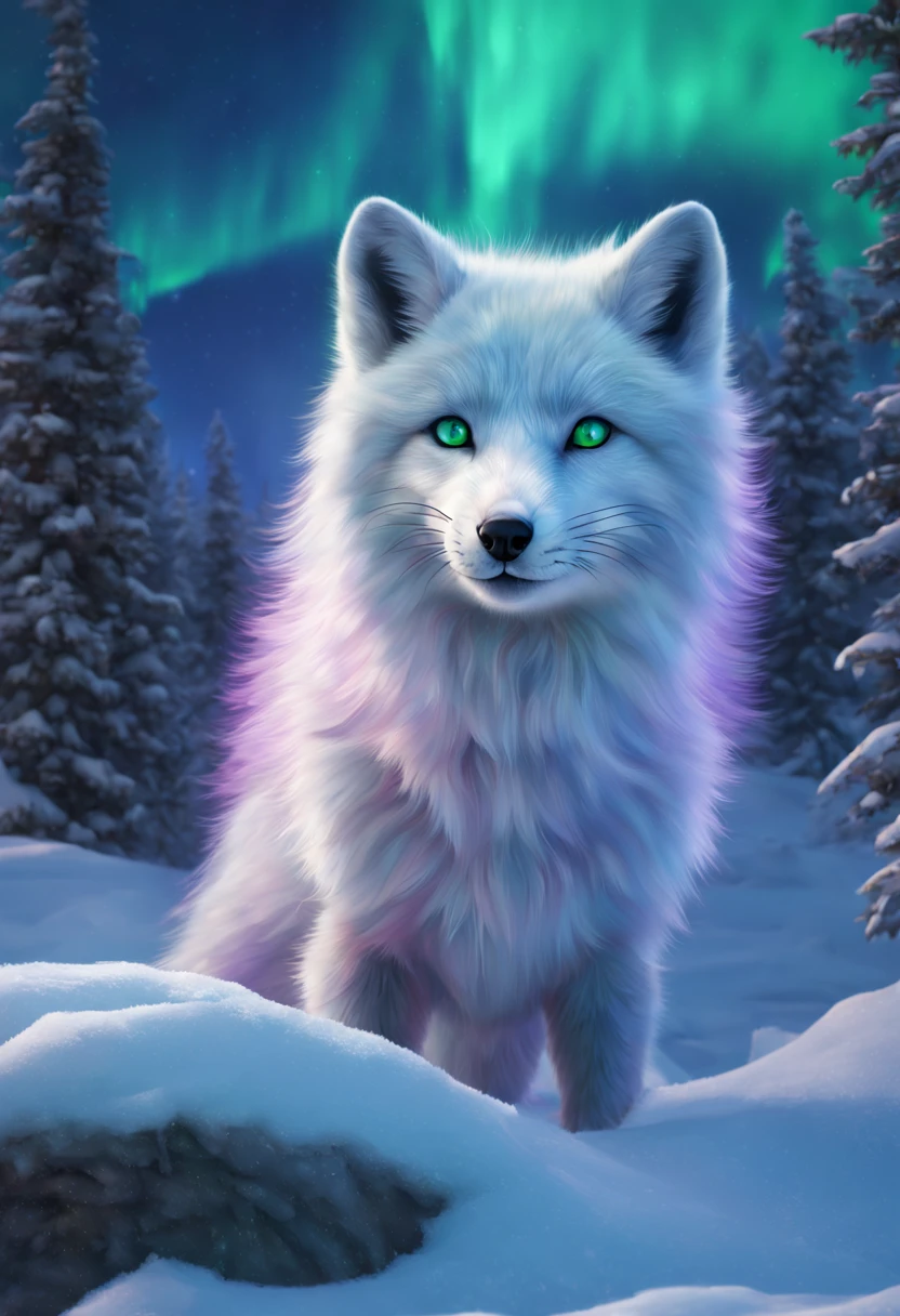Arctic fox in a snowy tundra, pristine white fur blending with the environment, ice blue eyes, delicate paws leaving soft imprints on freshly fallen snow, Northern Lights (Aurora Borealis) gleaming in the background with hues of green and purple, isolated, serene, by Greg Rutkowski, ultra-realistic fur texture, 4k resolution, digital art, aesthetic