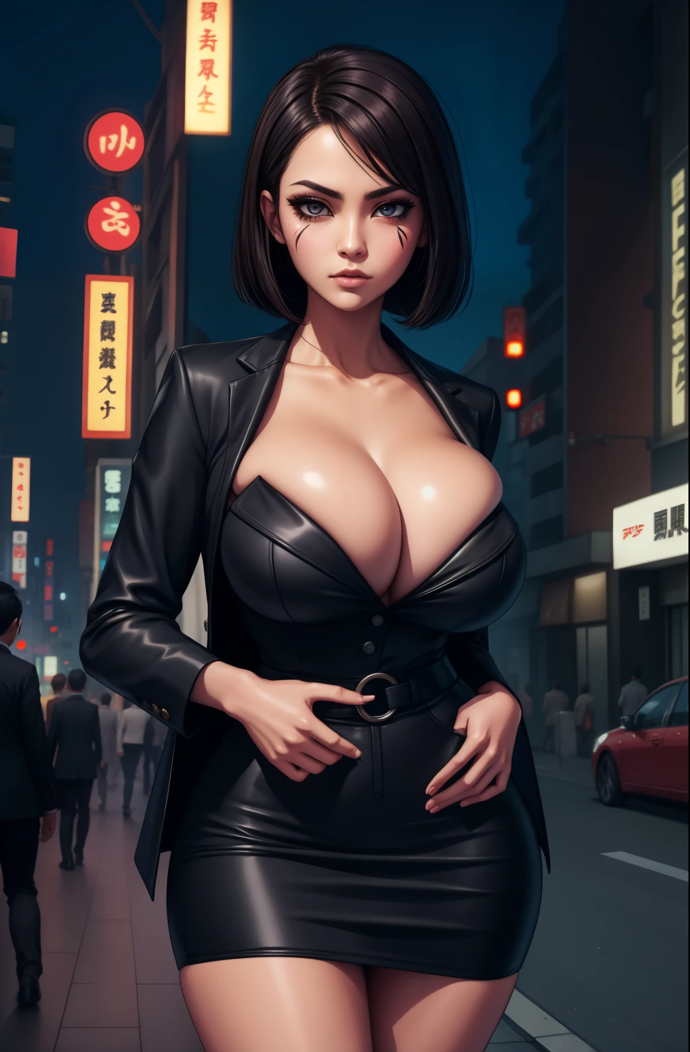 japanese yakuza mobster girl with a dark gray suit, miniskirt, pencil skirt, facial scar, stylish, hdr, intricate details, hyperdetailed, cinematic, rim light, danger atmosphere, noir, night, cyberpunk lighting, tokyo street,