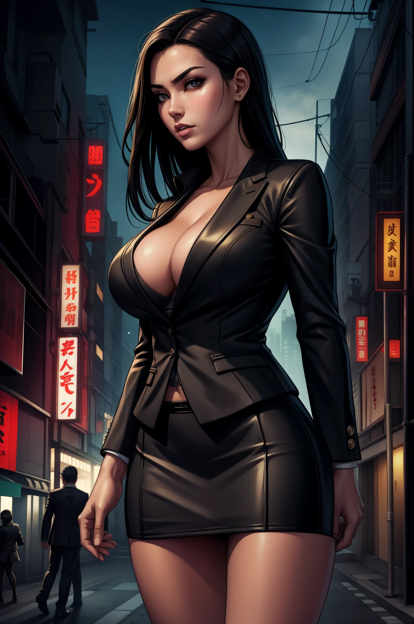 assassin, japanese yakuza mobster girl with a dark gray suit, miniskirt, pencil skirt, facial scar, stylish, hdr, intricate details, hyperdetailed, cinematic, rim light, danger atmosphere, noir, night, cyberpunk lighting, tokyo street,