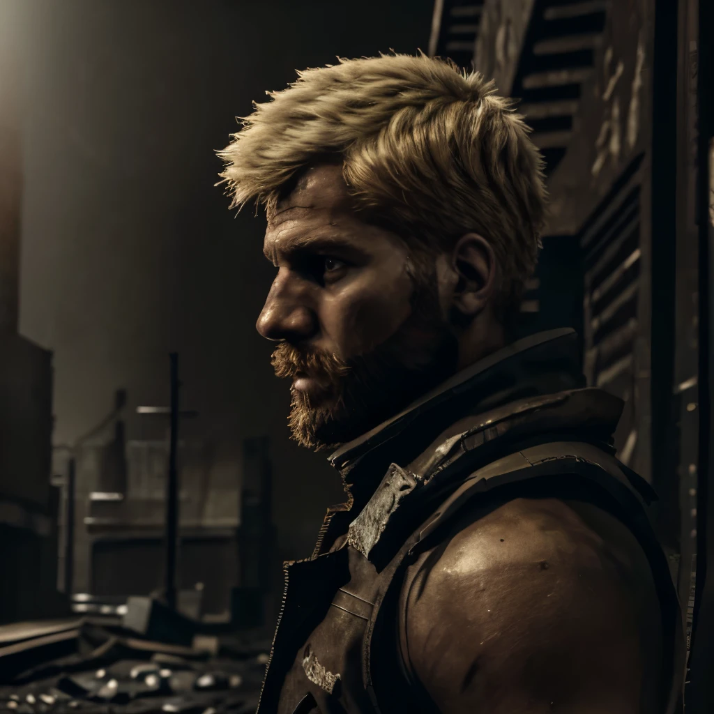 (best quality, 4k, highres, photorealistic:1.2), athletic man, unshaven beard, short blonde hair, brown eyes, dystopian world, destroyed atmosphere, somber and desolate, dark lighting, post-apocalyptic setting