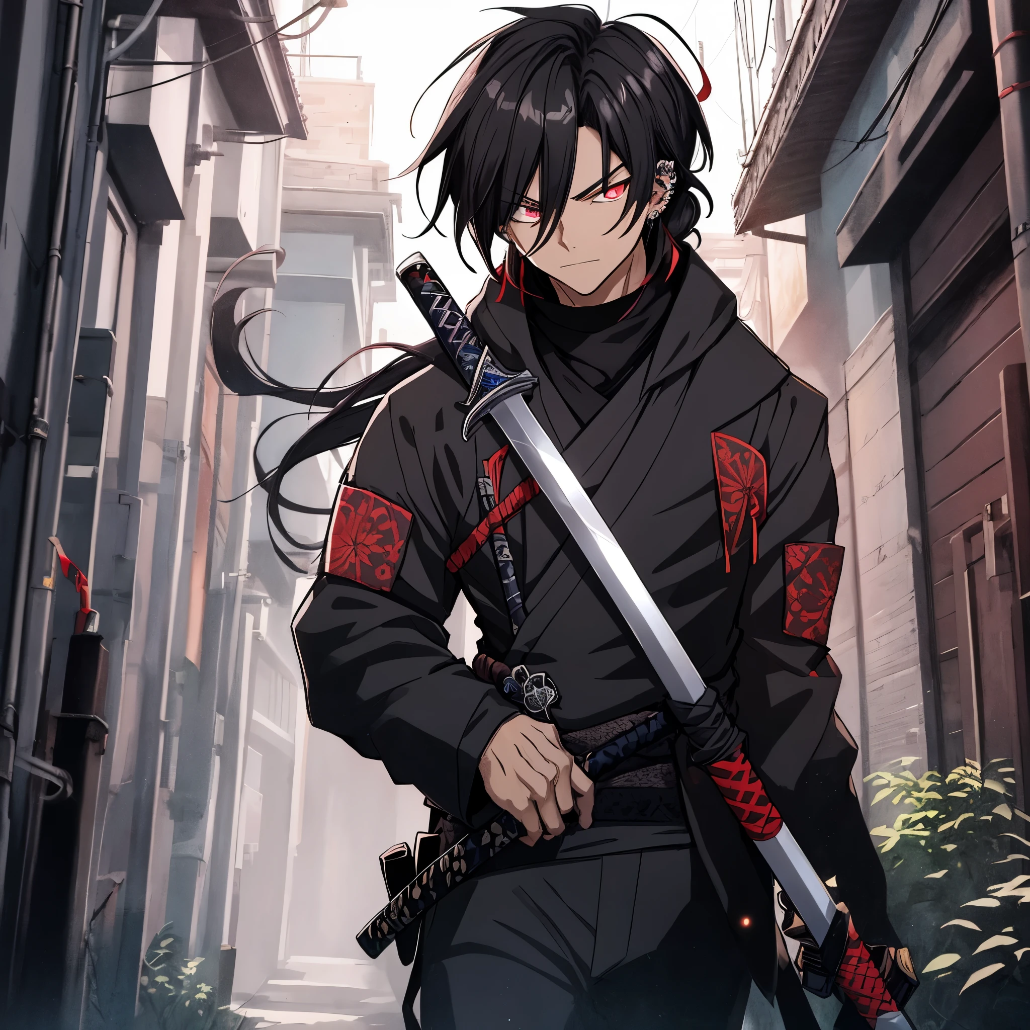 In the dimly lit alleyway, an anime guy with an assassin-like appearance stands, concealed in the shadows. His piercing reaper red eyes gaze intently, reflecting the moonlight (1.2) that filters through the narrow space. Black hair cascades down his back in a long braid, swaying slightly in the cool night breeze. His lithe and agile form is clad in a form-fitting ninja outfit, with intricate patterns and subtle vibrant colors (1.3) accentuating his curves. In his hands, he carefully holds a katana sword, the sharp edge catching the moonbeams and casting an ethereal glow. Details and textures (3D)