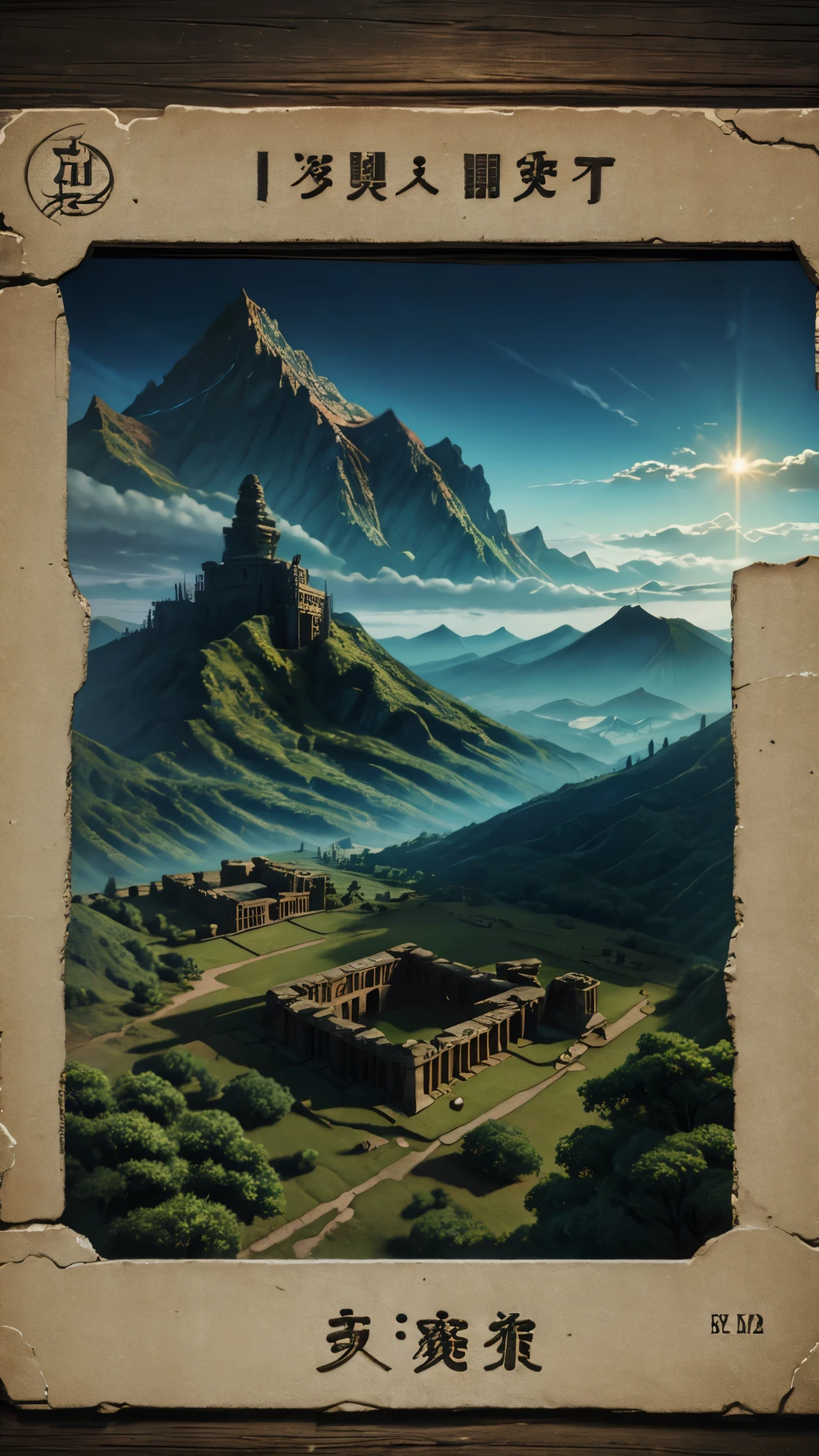 Lost Ancient City*: Illustration of an ancient city hidden amidst mysterious mountains. 