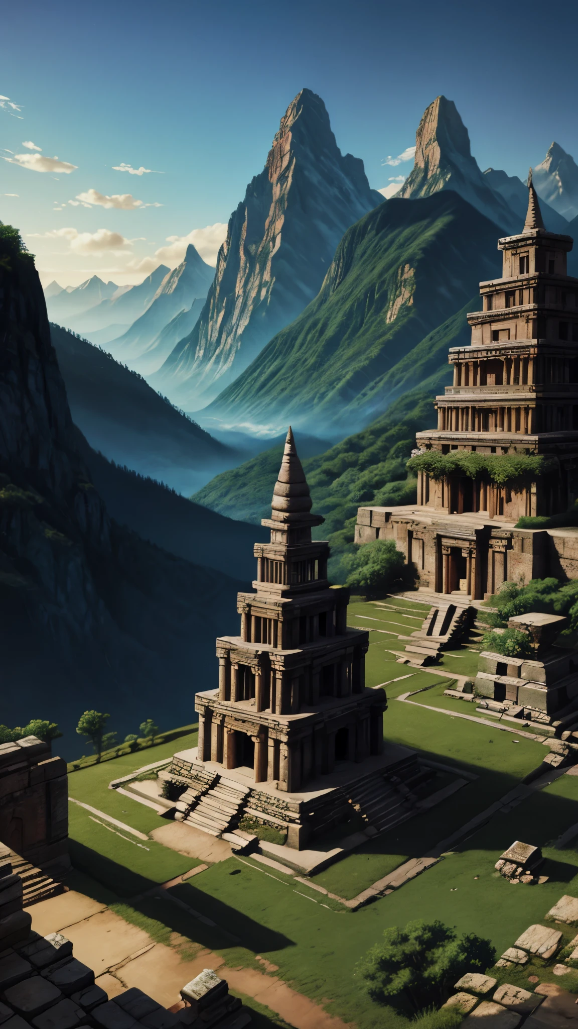 Lost Ancient City*: Illustration of an ancient city hidden amidst mysterious mountains.