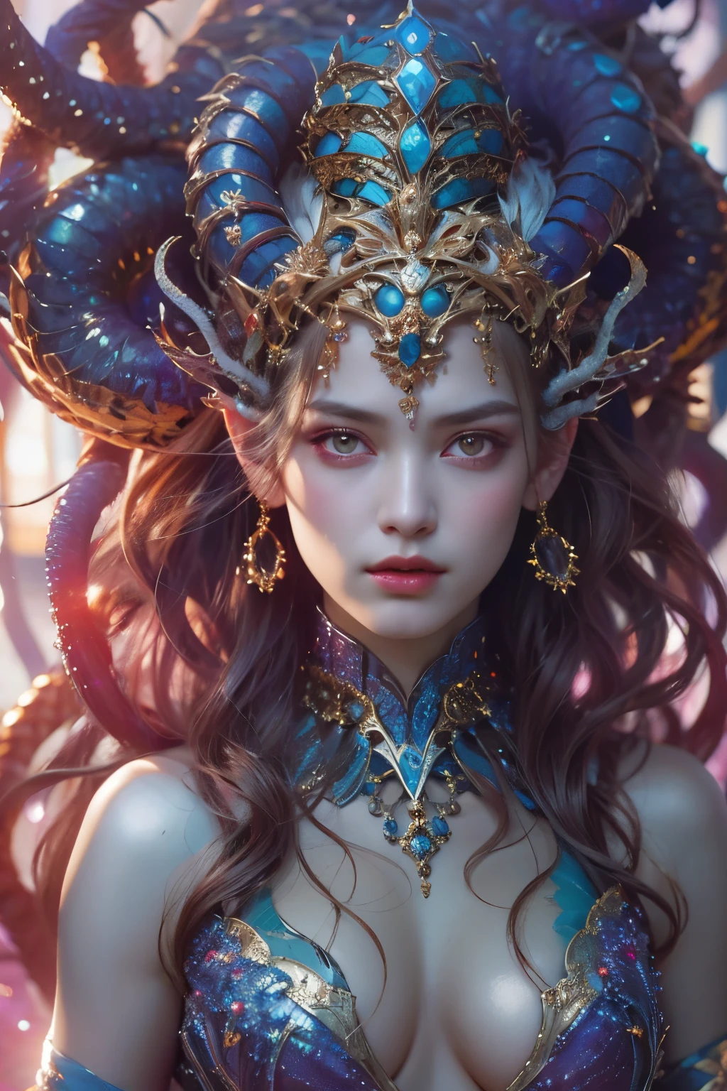 (1 female medusa-like mutant: 1.2), With a beautiful, enchanting face, this alien seduces us with her allure. Her captivating red eyes gleam brightly, reminiscent of burning embers. Her full body is unlike any human's, boasting a sexy, otherworldly form. No humans are present in this scene as she stands alone, her cells fused in a unique and intriguing extraterrestrial way. (NSFW:1.0), moist skin,
(extraordinary beautiful nude photo:1.4), (glowing Royal Sapphire eyes:1.5), (sexy and glamorous:1.1), (coquettish expression:1.2), toned lean body, (muscular body:1.2), (beautiful abs:1.5), beautiful nipples, She has lots of iridescent translucent tentacles instead of her hair, pale skin, (white skin with prominent veins:1.3), moist skin,
Lots of iridescent translucent tentacles adorn her body, shimmering under the dramatic lighting. Her pale skin, with a hint of translucency, adds to her ethereal allure. This masterpiece, rendered in