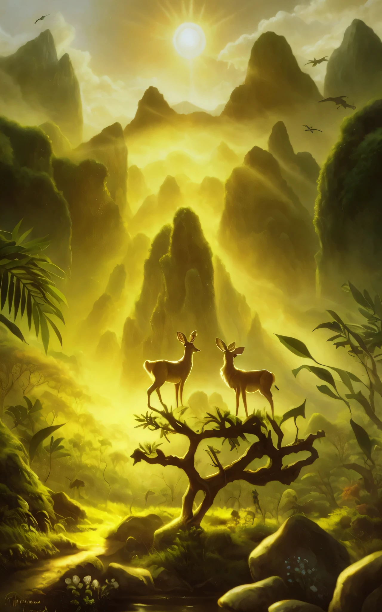 painting of two deer in a forest with a mountain in the background, background artwork, inspired by Christophe Vacher, fantasy matte painting,cute, fantasy digital painting, amazing depth, realistic fantasy painting, fantasy artrealistic painting, fantasy jungle, fantasy painting hd, fantasy scene, matte fantasy painting, fantasy art landscape, by Christophe Vacher, fantasy landscape painting
