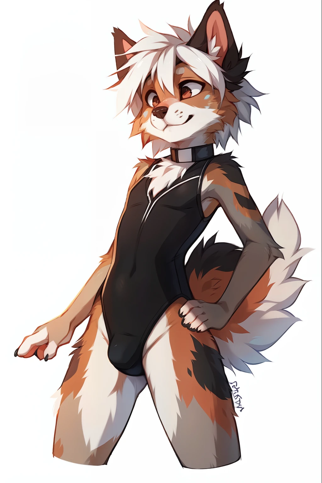 No background, white background, ((by keihound, by reysi)), by Zackary911, by hyattlen, by fumiko, by fluff-kevlar, Furry, Anthro, ((Australian Shepard)), detailed fur, (()), ((small)), ((short)), dynamic pose, sensual pose, short white hair, ((short fluffy tail)), ((black leotard, long sleve leotard, athletic cup bulge)),