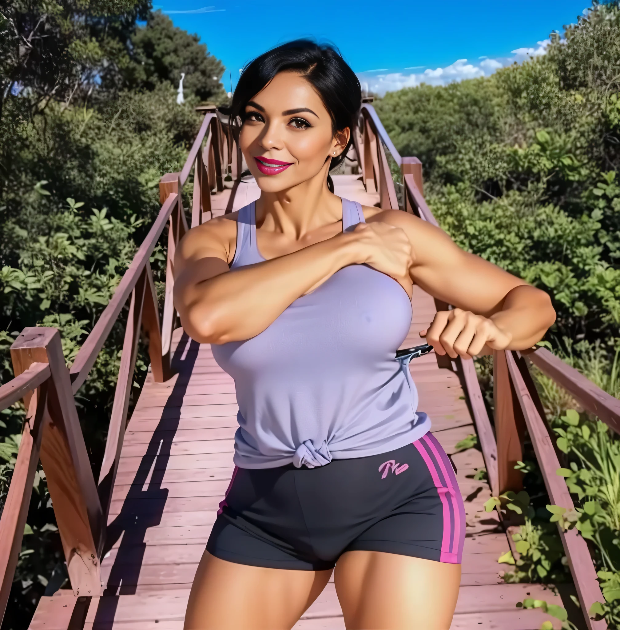 woman in shorts and tank top standing on a bridge with a tennis racket, cottagecore!! corpo fitness, t - pose, Pose, in an action pose, em pose de luta. Mulher com pele branca e cabelos escuros. Ela tem cerca de 45 anos. Her pink lips, seus olhos castanhos escuros, grande e charmoso. corpo esguio, cintura fina. Your body exudes glamor and your face is the definition of beauty. altamente realista, lindo, pink lips, pink lipstick, sorridente, feeling of lightness and joy, pele muito elaborada. foto clara, alta qualidade, high resolution, obra de arte, 8K.
