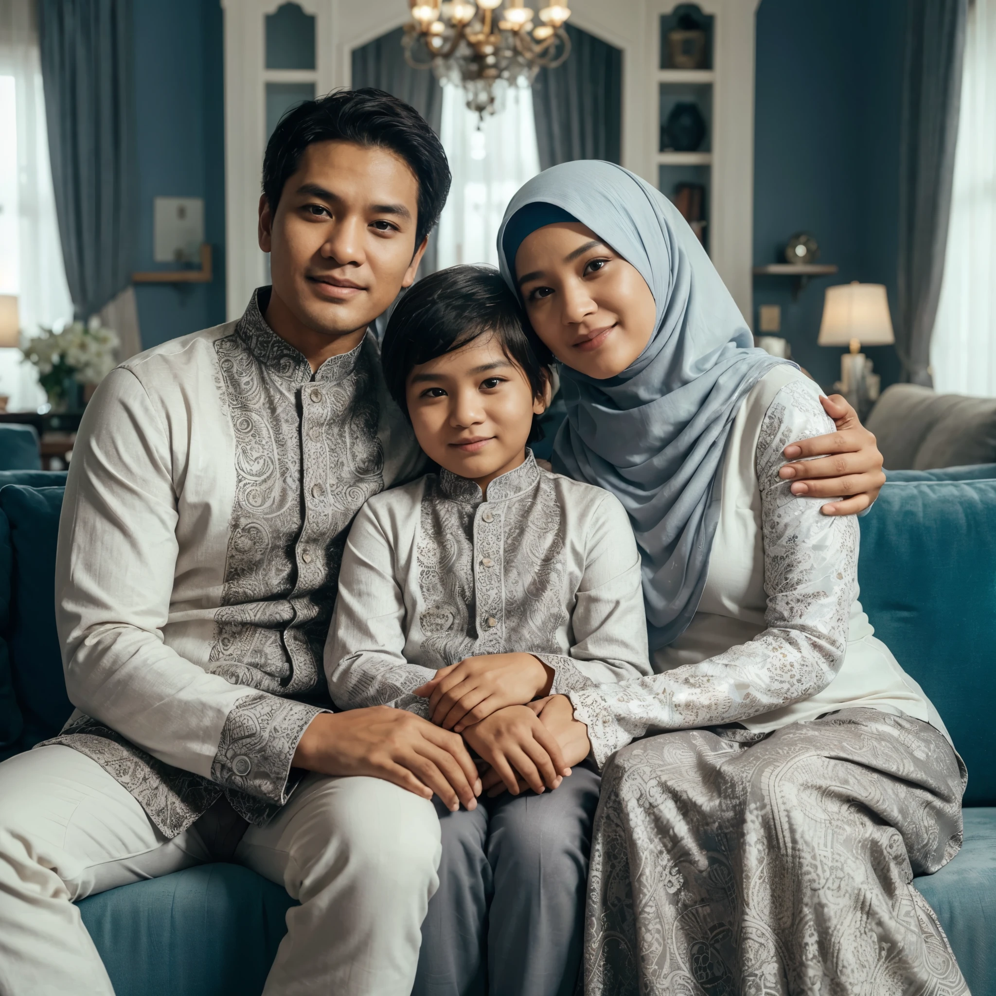 Make a friendly close up photo style, three members, one Indonesian MAN aged 40 years, one WOMAN aged 30 years old, chubby, wearing a hijab, and a BOY aged 10 years, they are wearing white and grey BATIK , wearing a hijab, sitting on the sofa, embracing each other, comfortable and happy, in a luxurious living room, luxury home studio background, very detailed. fresh colors, blue lighting, ULTRA HD,