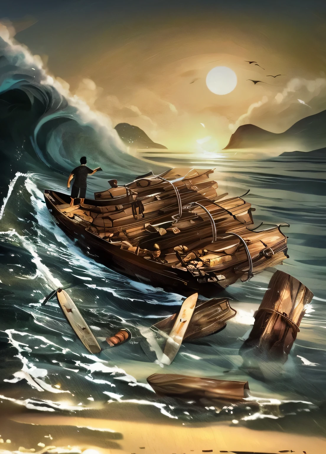 painting of a man in a boat with a lot of wood on the water, inspired by Cyril Rolando, rob mcnaughton, a ship lost in a storm, in style of cyril rolando, cyril rolando and m. w kaluta, cyril rolando and m.w kaluta, shipwreck, by Cyril Rolando, chris achilleos