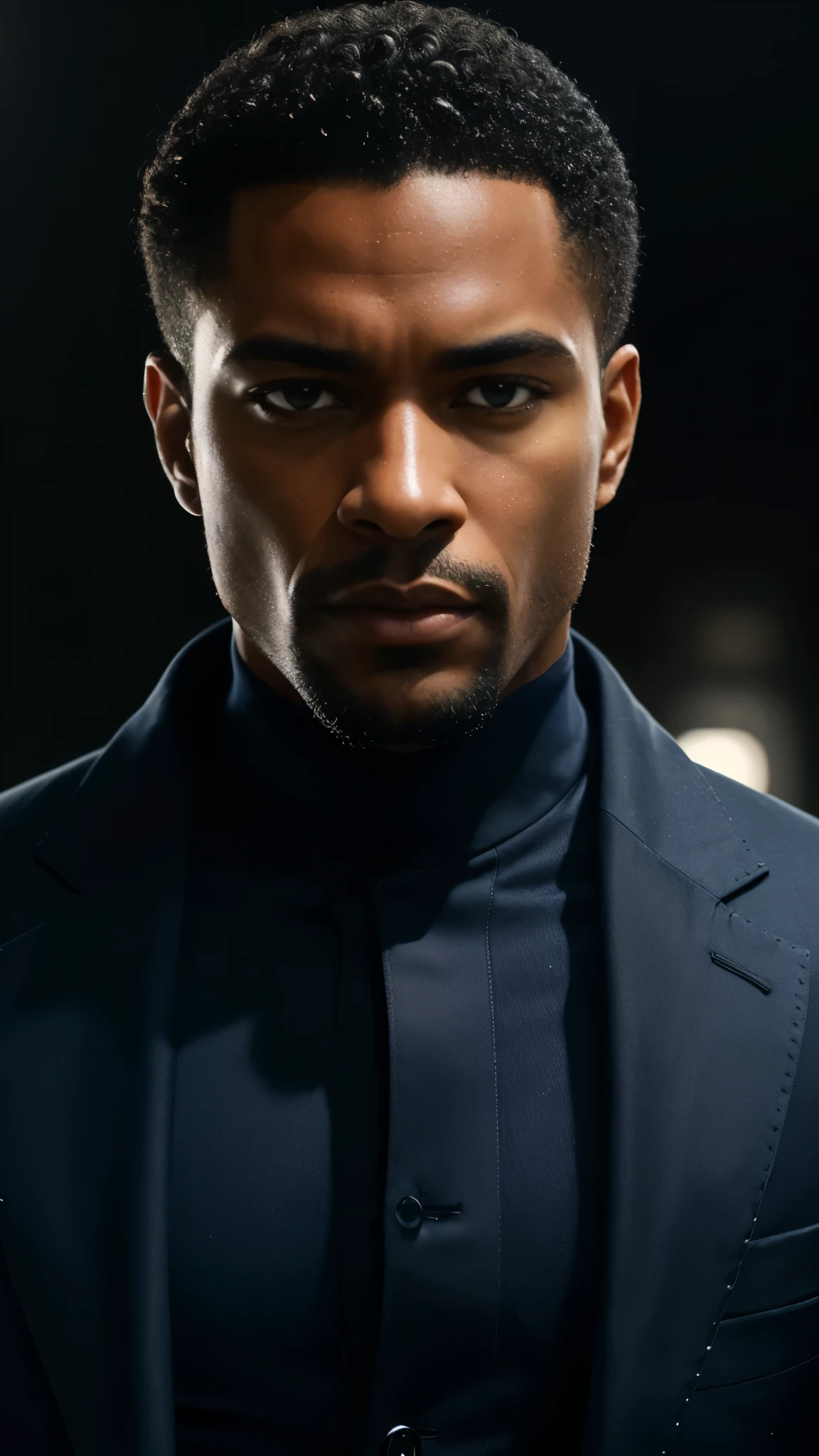 Hyperrealistic close-up photo of Regé Jean Page, masterpiece, best quality, (photorealistic:1.4), close-up portrait, (navy suit:1.1), black curly fade haircut, posing in a professional studio, daylight, neons, cinematic light, beautiful man, muscular, perfect body, detailed face, looking straight at the camera, photo taken from a distance