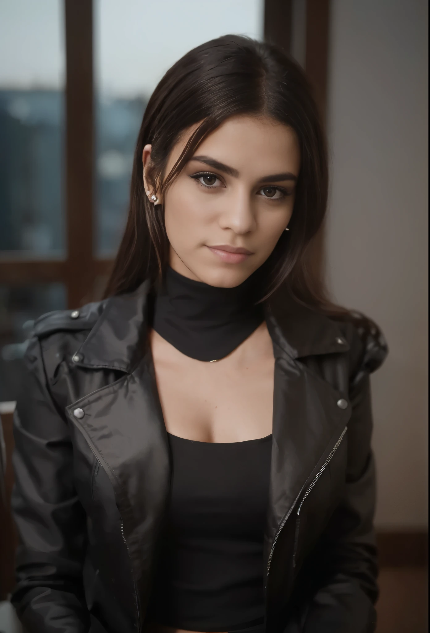 araffe woman in a black top and couro jacket posing for a picture, she wears couro jacket, dressed in couro jacket, lindo modelo, dressed in short couro jacket, wearing couro jacket, dressed in black couro, vestindo uma jaqueta preta, wearing a couro jacket, couro, wearing cyberpunk couro jacket, capturado em canon eos r 6, inspirado em Leng Mei