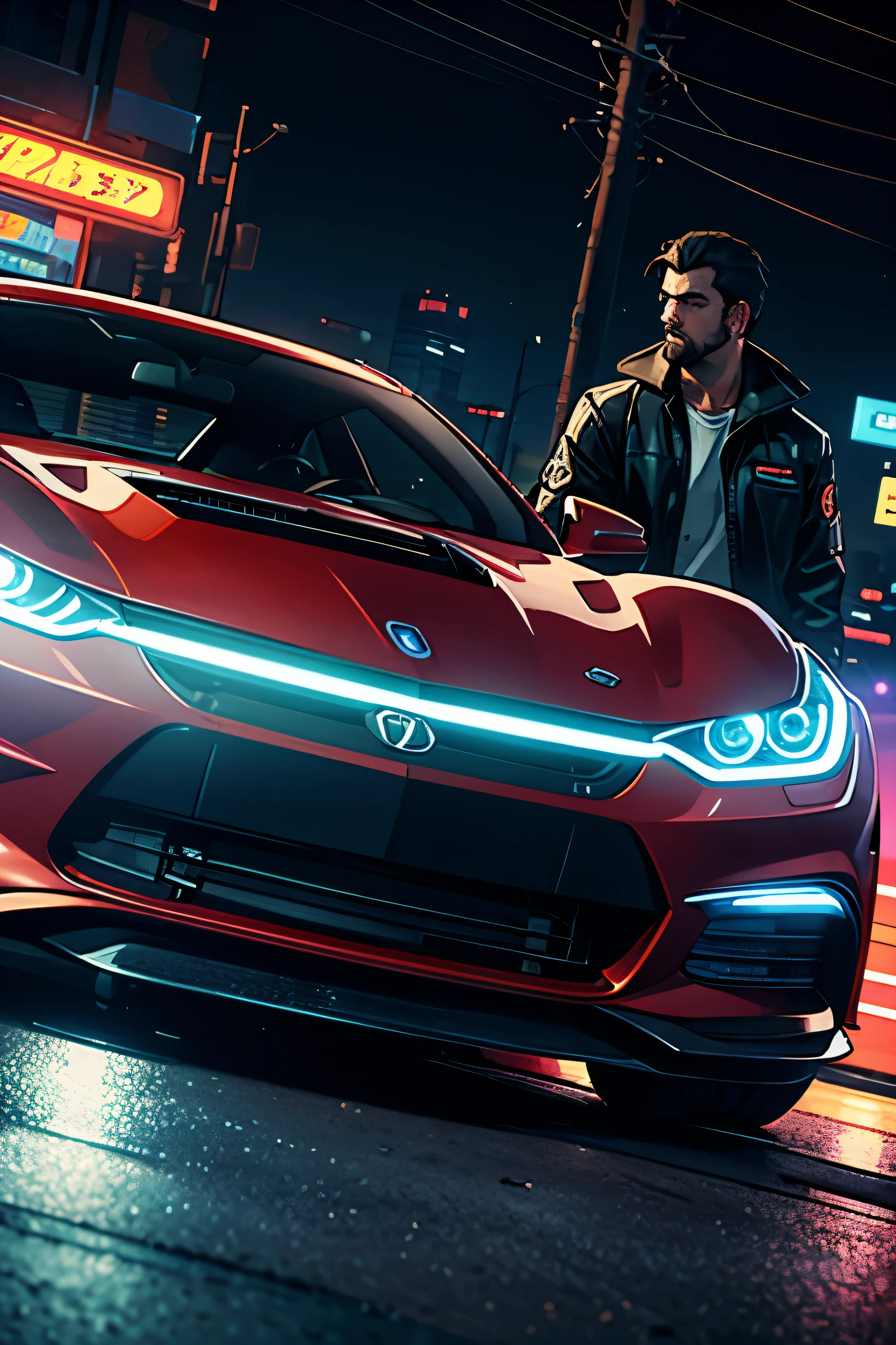 estilo grand theft auto, carro esporte com motorista homem, cabelo e barba curta com estilo,  Vista lateral, Tokyo street with neon lights, ambiente de grande escala, Rich in technological details, retroonda, Desenhos fotorrealistas