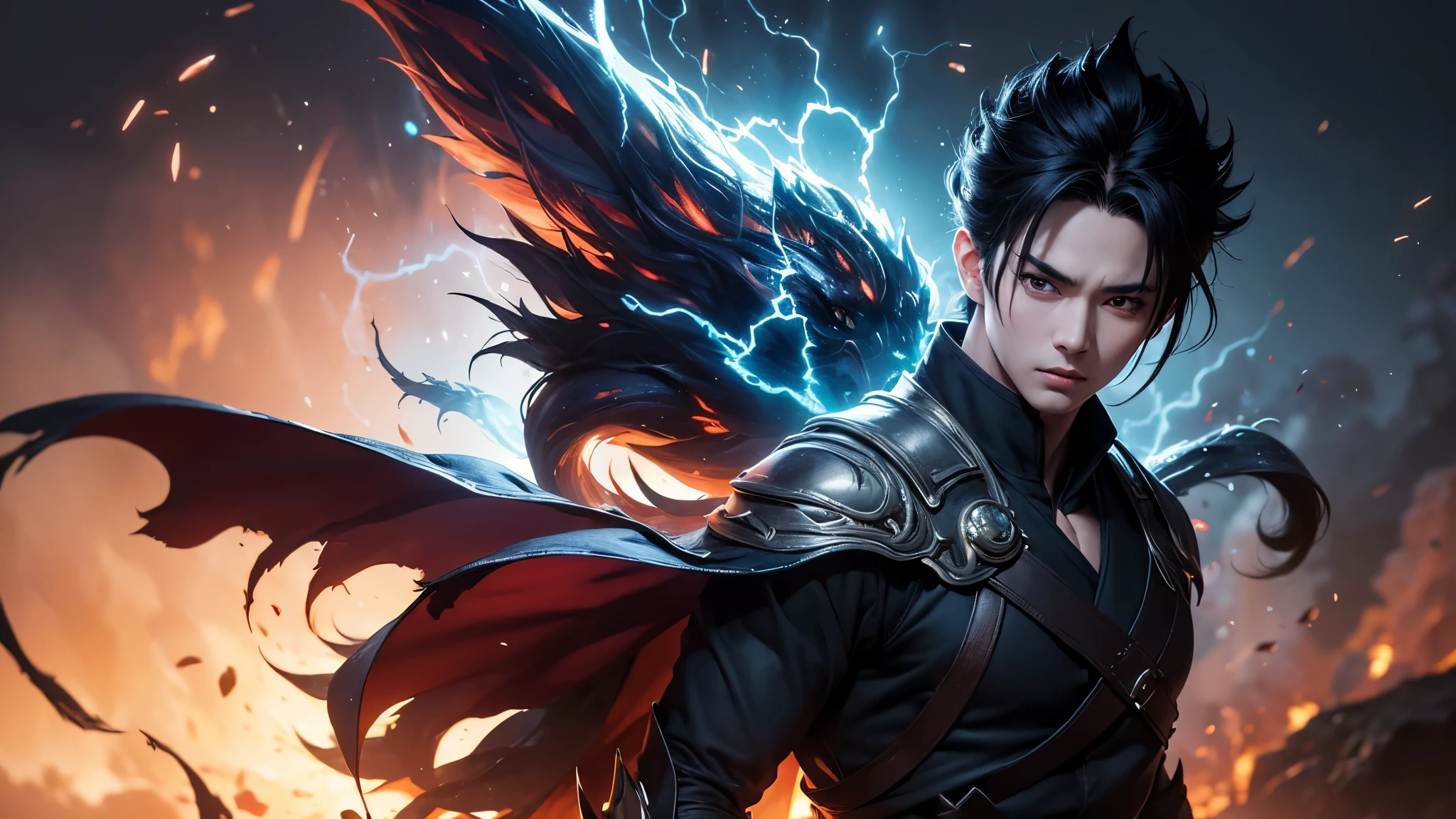 An 8k masterpiece, highest resolution, every detail, meticulous detail, depth of field, bright colors, beautiful composition: anime character Goten impresses with his black hair and glowing eyes Beautifully detailed lighting, standing against a dark and ominous background. This handsome demon slayer is the epitome of bad guys in the fantasy art. wearing a shirt.
