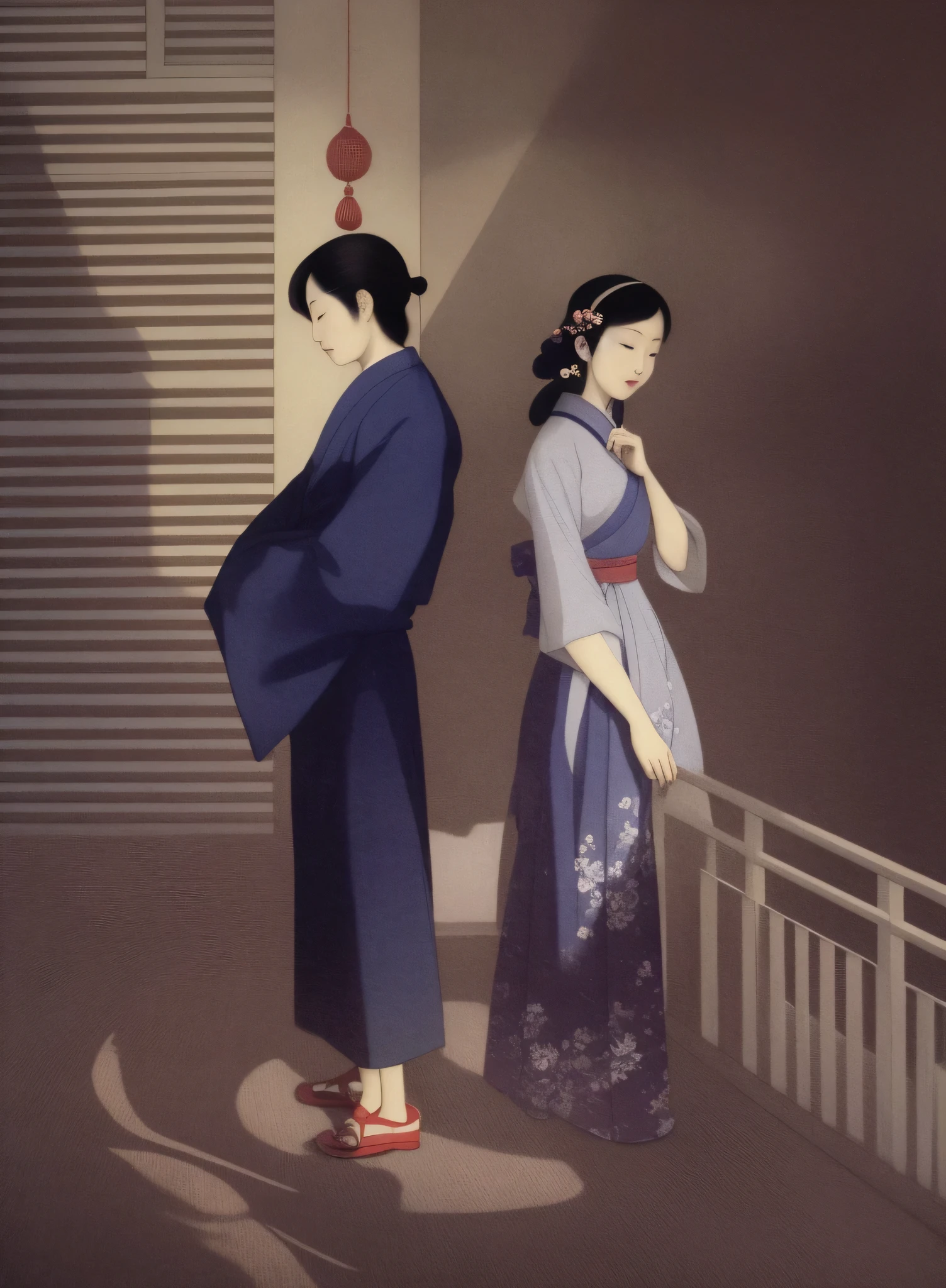 a man and girl asian standing on a balcony looking at each other, inspired by Suzuki Harunobu, illustrated novel, by Kamisaka Sekka, inspired by Itō Shinsui, by Mei Qing, by Okada Beisanjin, by Ruth Jên, artwork in the style of guweiz, by Yanagawa Nobusada