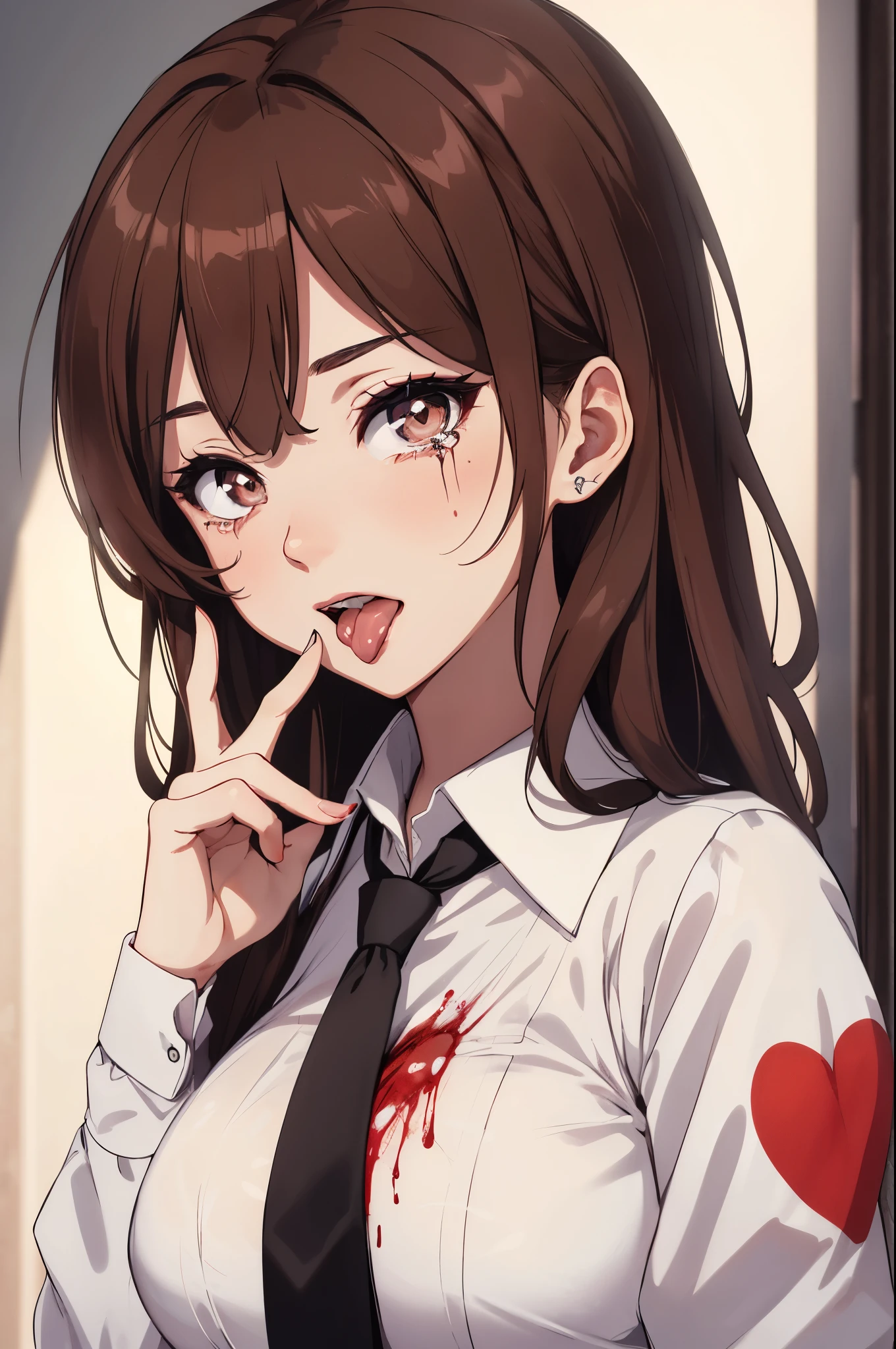 (masterpiece:1,2), best quality, masterpiece, hires, original, extremely detailed wallpaper, perfect lighting,(extremely detailed CG:1.2),1girl, makima (chainsaw man), solo,necktie, shirt, black necktie, red hair, braid, pants, black pants, white shirt, collared shirt, ringed eyes, breasts, braided ponytail, bangs, long sleeves, sidelocks, belt, long hair, medium breasts, orange eyes, shirt tucked in, hair between eyes,
looking at viewer,Blush,Light smile,Fucked silly,smile,grin,closed mouth,
(splatter background:1.5),simple background,outline,concept art,