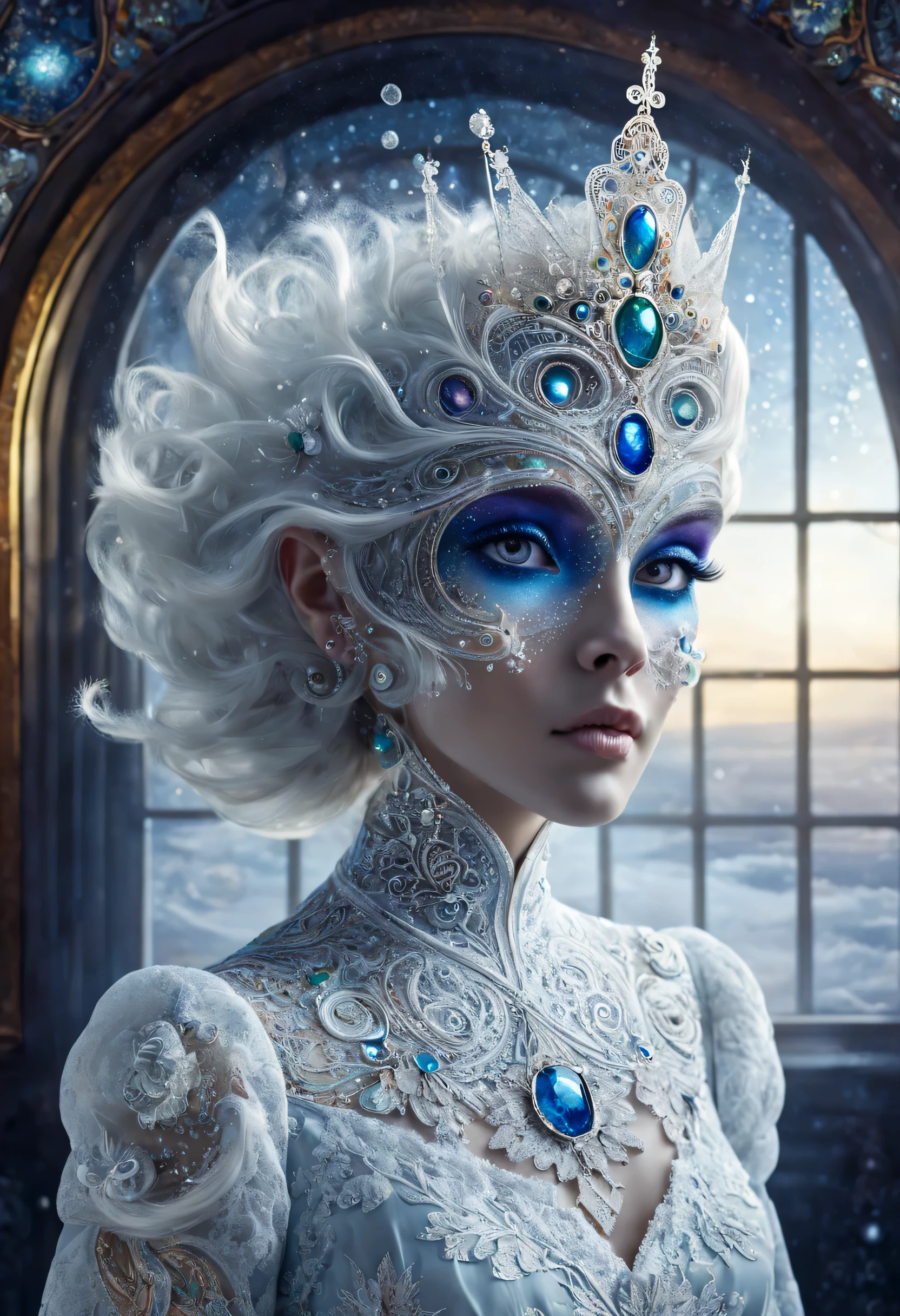 portrait, Alien in a dress with a high collar made of Vologda lace. On the head there is a crown of soap, frosty bubbles, the woman has a stained glass window, Cosmic eyes.