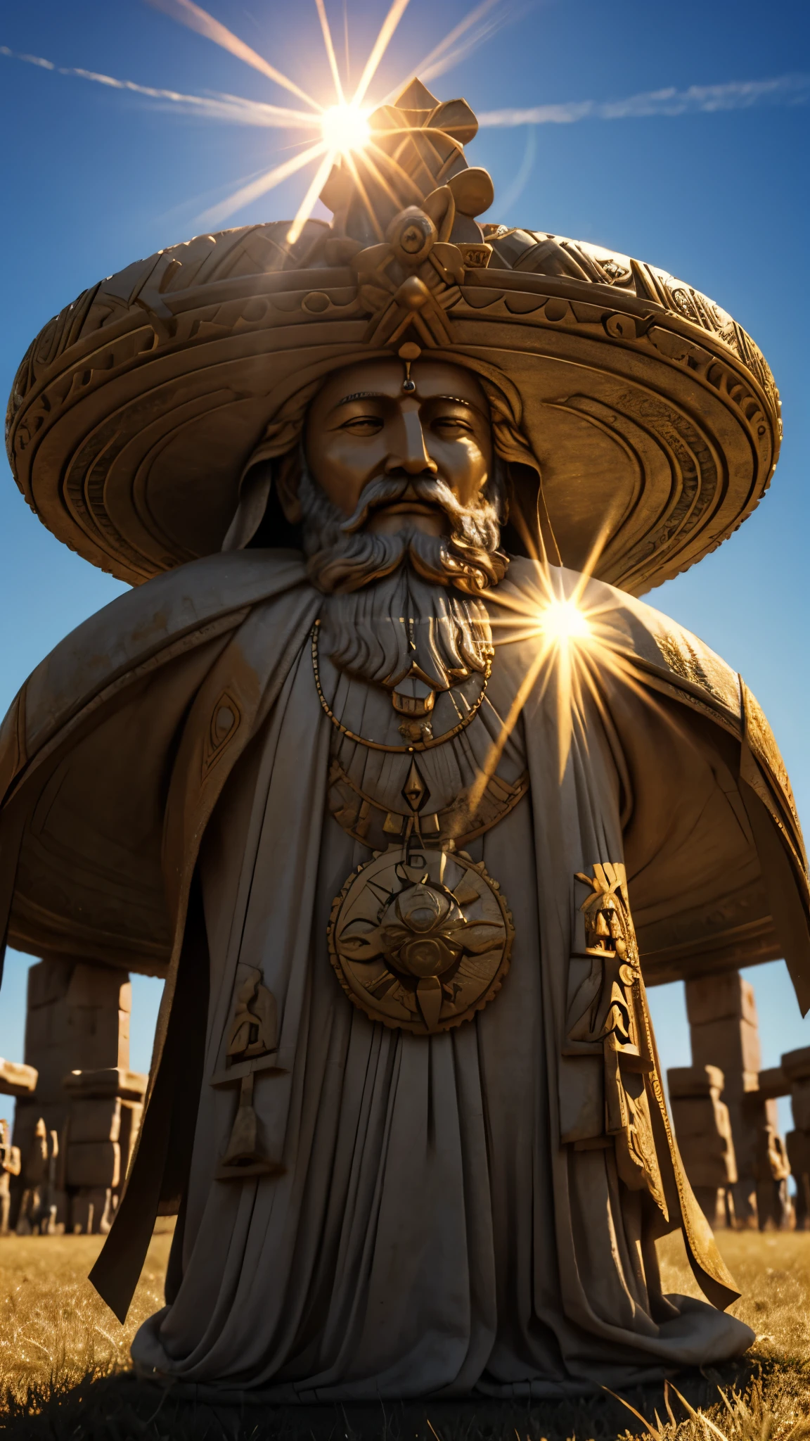 Images of ancient kings performing sun worship rituals in the middle of an open field, with dazzling sunlight in the background. 